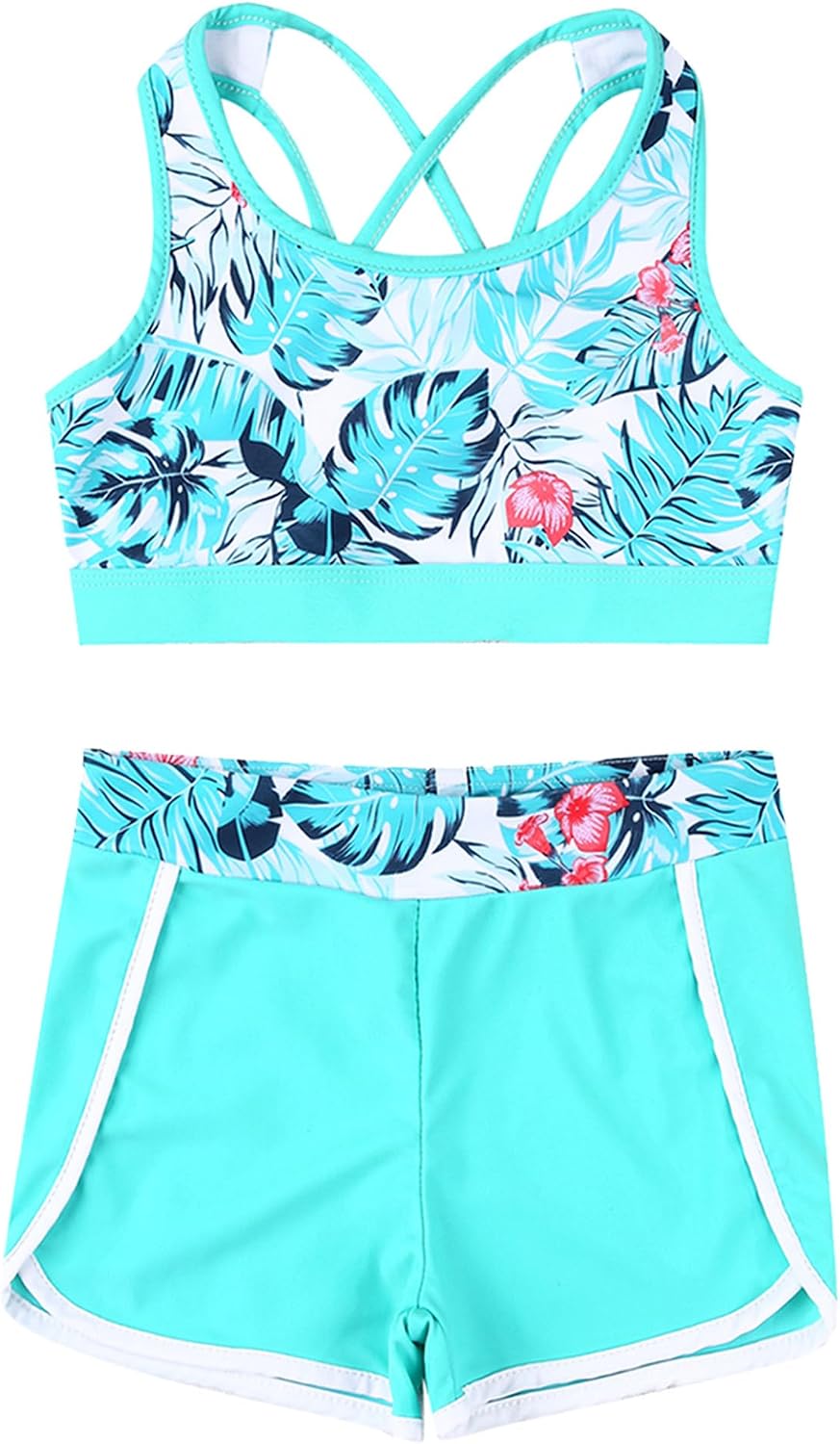 Kids Girls 3 Pcs Tankini Sets UPF 50+ Swim Shirts Crop Top with Swim Shorts Bathing Suits