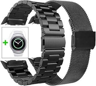 KOREDA Compatible with Samsung Gear S2 Bands Sets, 2 Pack Stainless Steel Metal Band + Mesh Loop Replacement Bracelet Strap for Gear S2 Sport Smart Watch SM-R720/R730 (2 Pack Black)