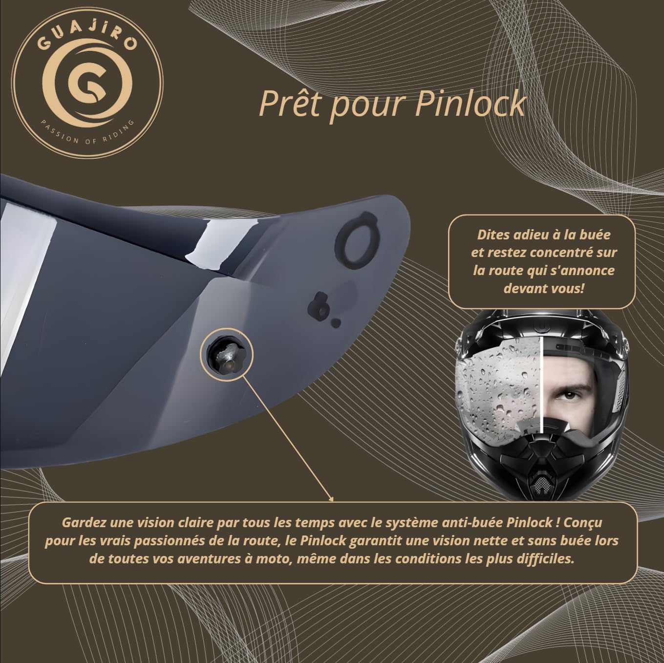 Guajiro - Visière Compatible avec HJC HJ-26 | RPHA11 y RPHA70 (CARBON) | Écran avec support Pinlock Antibuée et système Tear-off | Polycarbonate de Haute Qualité (Or)