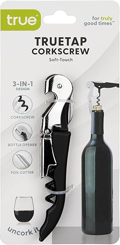 Miniatura 9 de True Truetap Double Hinged Waiter's Corkscrew Wine Opener, Stainless Steel Wine Bottle Opener with Foil Cutter, Home Bar Tools, Bar Cart Negro suave