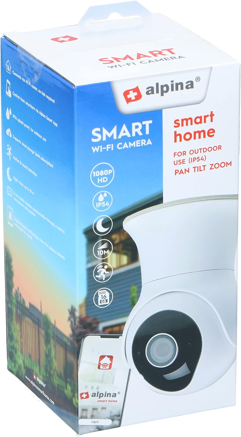 alpina Smart Home Wi-Fi Outdoor Camera showing 85 degree tilt and 355 degree pan rotation.