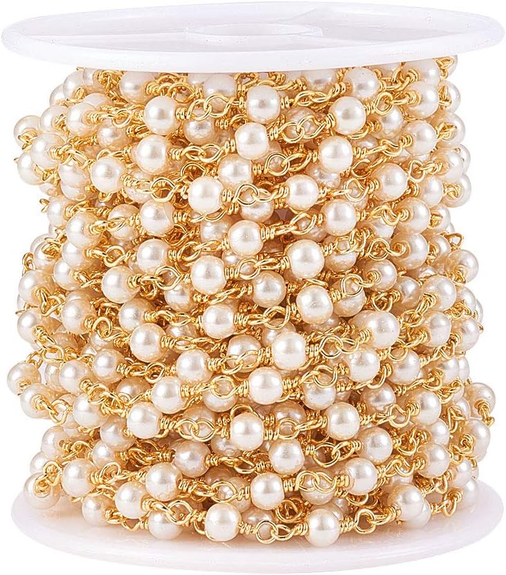 LiQunSweet 32.8 Ft (10M) Round Acrylic Imitated Pearl Spacer Rosary Beaded Chain Real Gold Plated Bulk for Anti-Lost Glasses Holder Lanyard Safety Strap Jewelry Making Wedding Party Home Décor