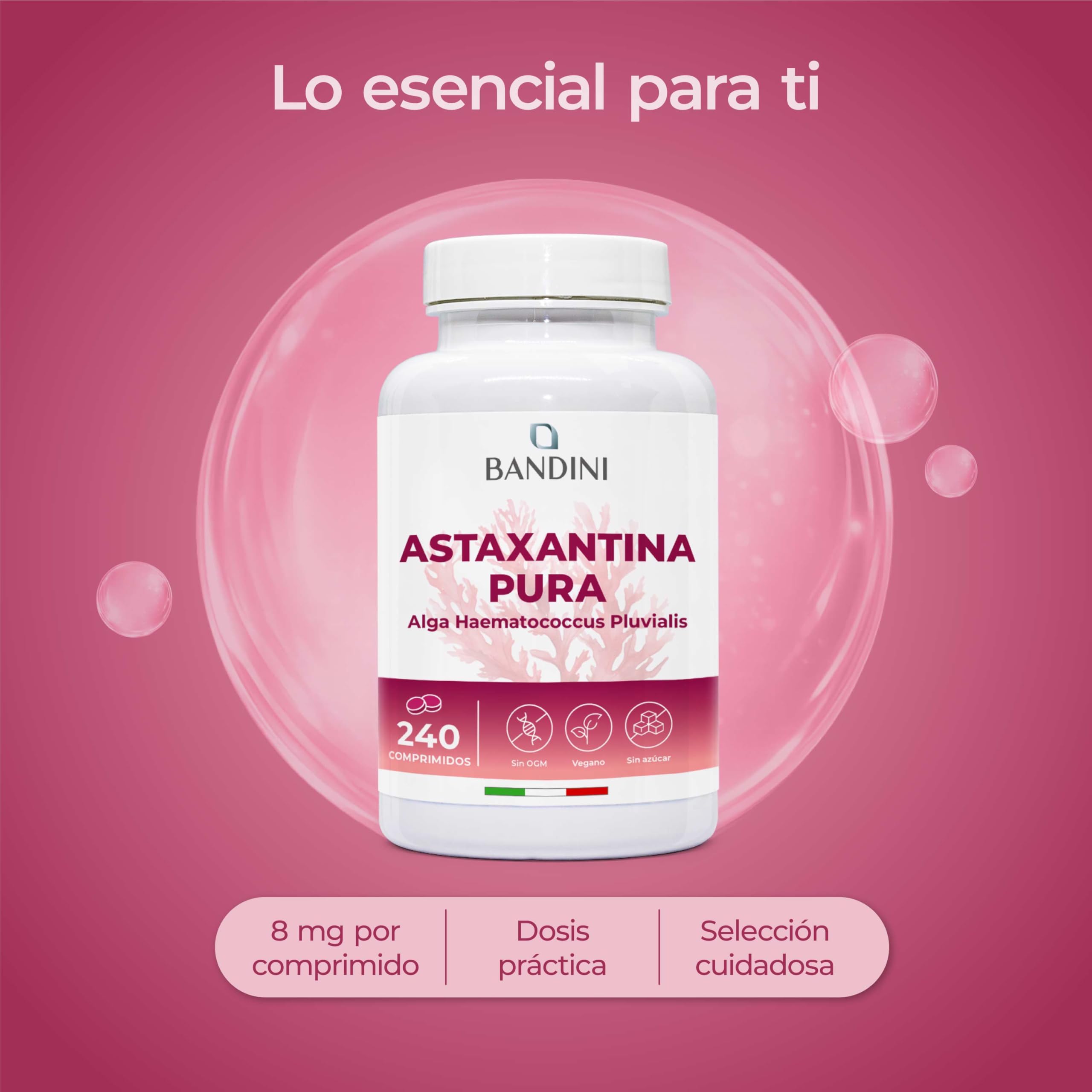 Bandini® Astaxantina 240 tabletas (suministro para 8 meses), Pura 8 mg por comprimido, Astaxanthin natural de microalga Haematococcus Pluvialis, sin estearato de magnesio, sin OGM, 100% vegano