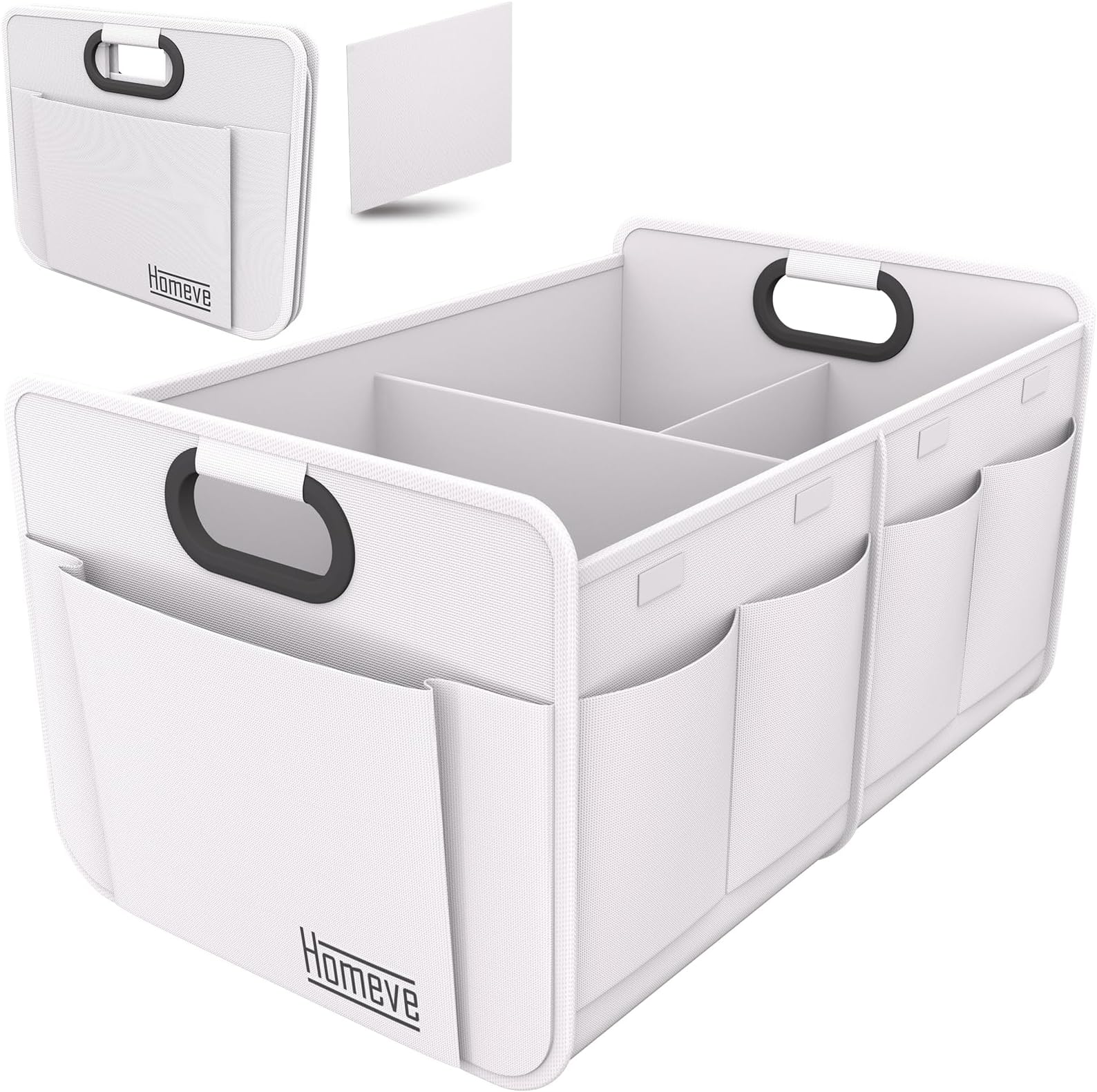 Homeve Trunk Organizer, Car Storage, Reinforced Handles, Collapsible Multi-Compartment, Foldable, Waterproof, Sturdy, 600D Oxford Polyester For Car, SUV, Mini-Van, White, 2 Compart