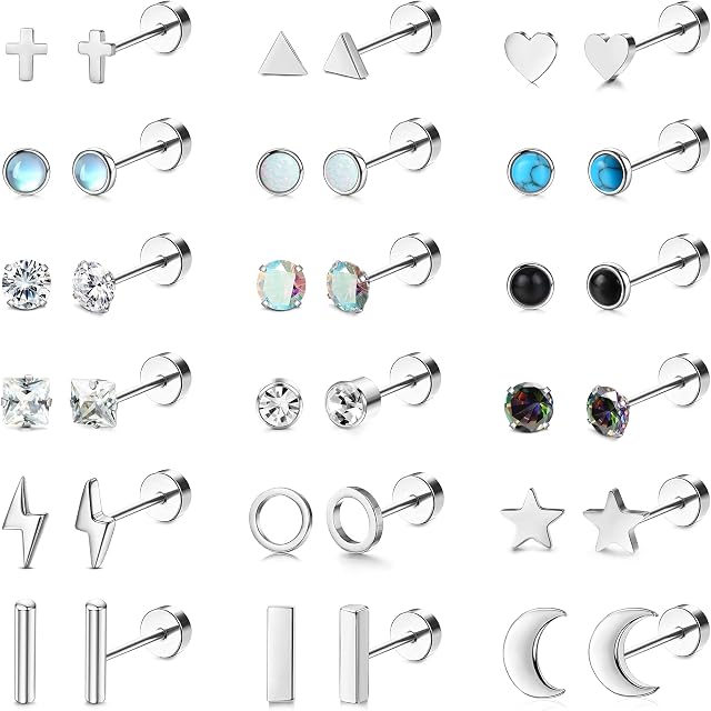 Roheafer 18-24 Pairs Tiny Cartilage Stud Earrings Set for Women Men 316L Stainless Steel 20G Cartilage Helix Earrings Moon Star Heart CZ Opal Geometric Flat Back Stud Earrings Piercing Jewelry