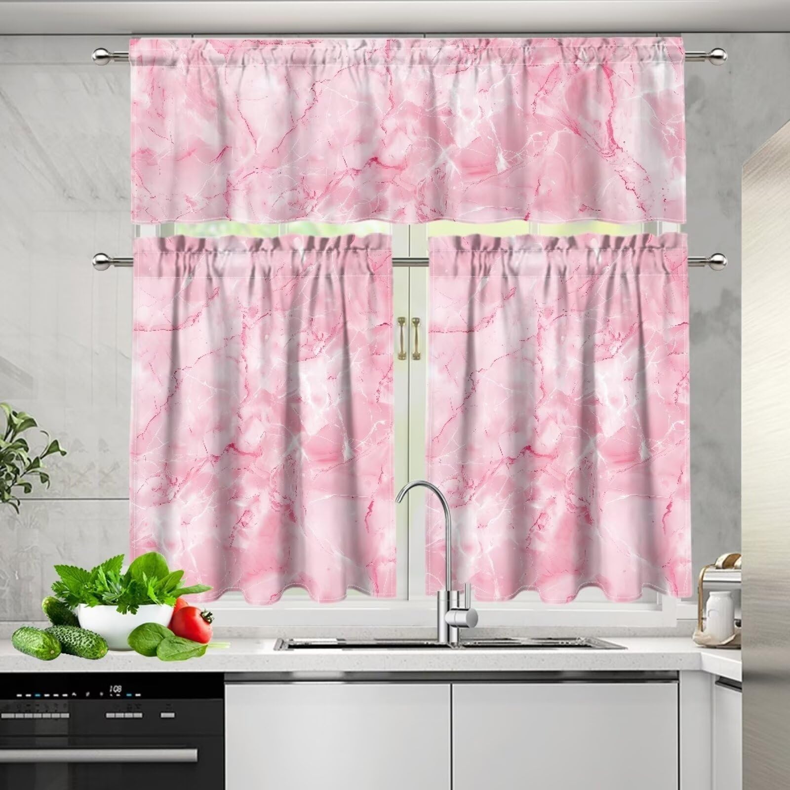 Vanideaoty Dyeing 3 Piece Curtain Set with Valance Blackout 3 Piece Kitchen Curtains Set for Nursery, Office, Playroom, Cafe, Children's Room