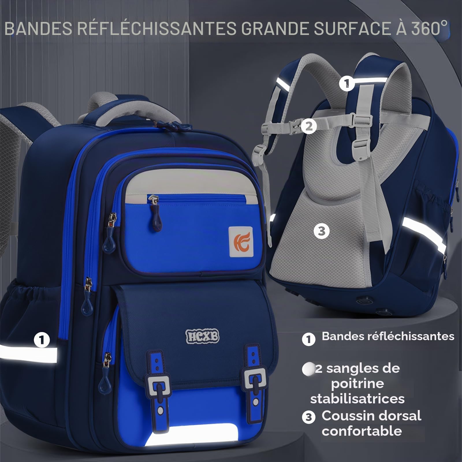 Amythe Cartable Garçon CP-CM2 Réfléchissant École