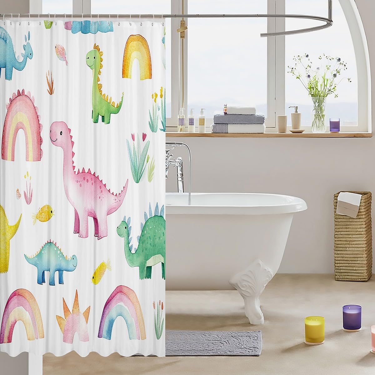 Feelyou Dinosaur Bathroom Shower Curtain Set for Kids Girls Teens - Cute Dino Collection Watercolor Rainbow Bath Decor - Jungle Animals Waterproof Stalls Curtain for Bathtubs 72"x78"
