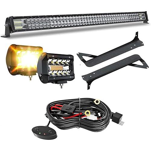 5D 52inch 300W LED Light Bar + 4 inch White/Amber Yellow LED Pods Strobe Fog Light Spot Flood Offroad with Upper Windshield Mounting Brackets Switch Wiring Harness Fit For 1997-2006 Wrangler TJ