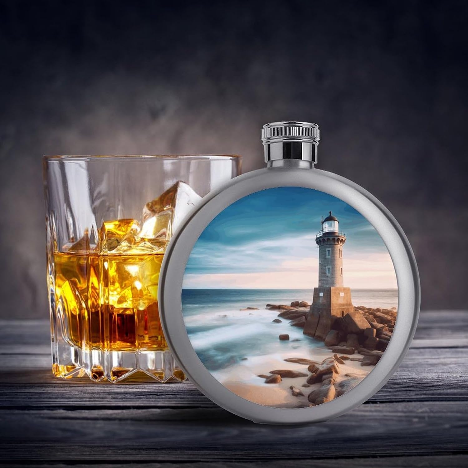 Beach Lighthouse Hip Flask 5 Oz Round Stainless Steel Mirror Polished Wine Pot Portable Pocket Wine Whiskey Flask Small Drinking Flasks Drinkware for Men Women