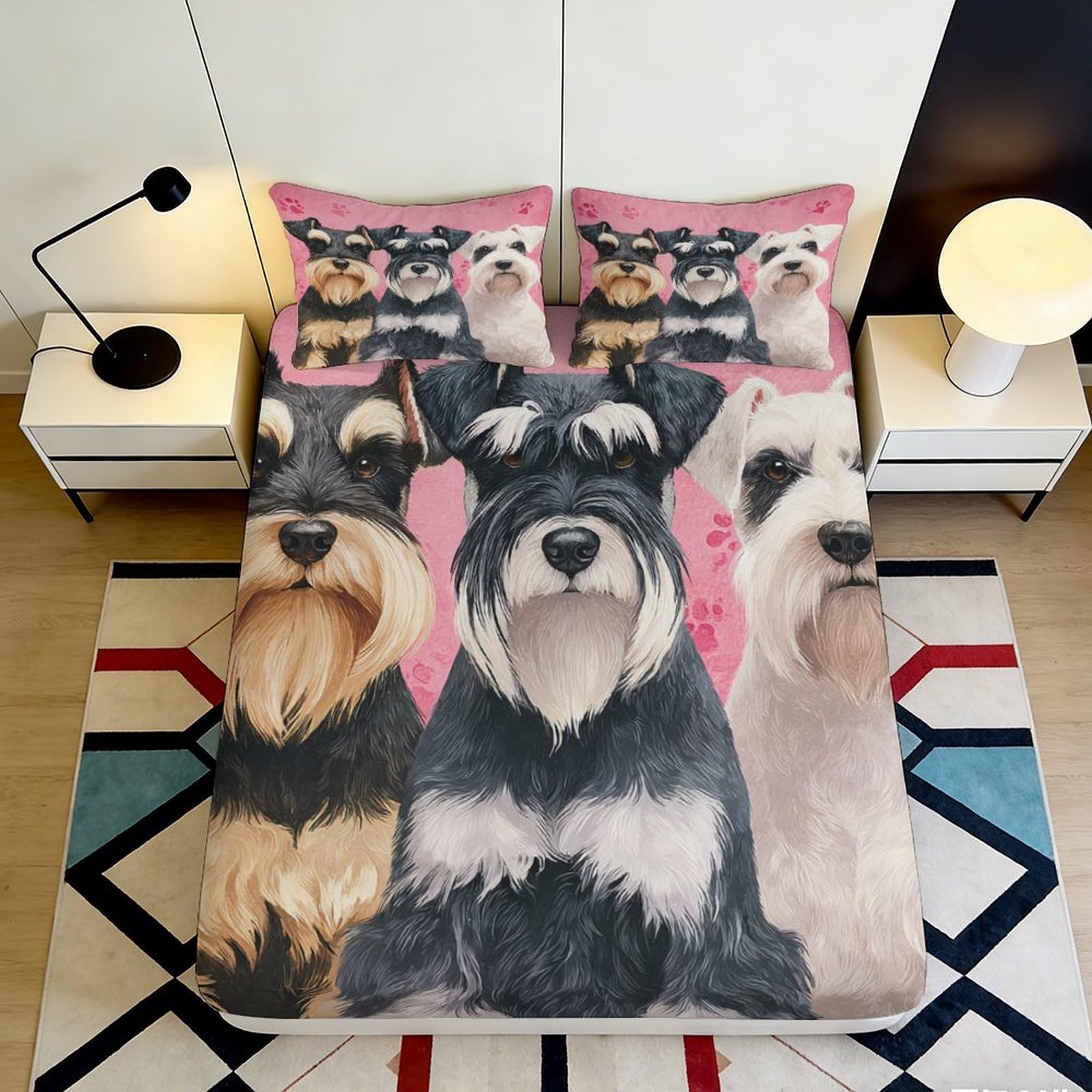 3D Printed Schnauzer Dog Fitted Sheet Microfiber Slip-Resistant Cartoon Pet Bed Cover for Bedroom Dorm Mattress Decor Easy Care 90x200x25cm