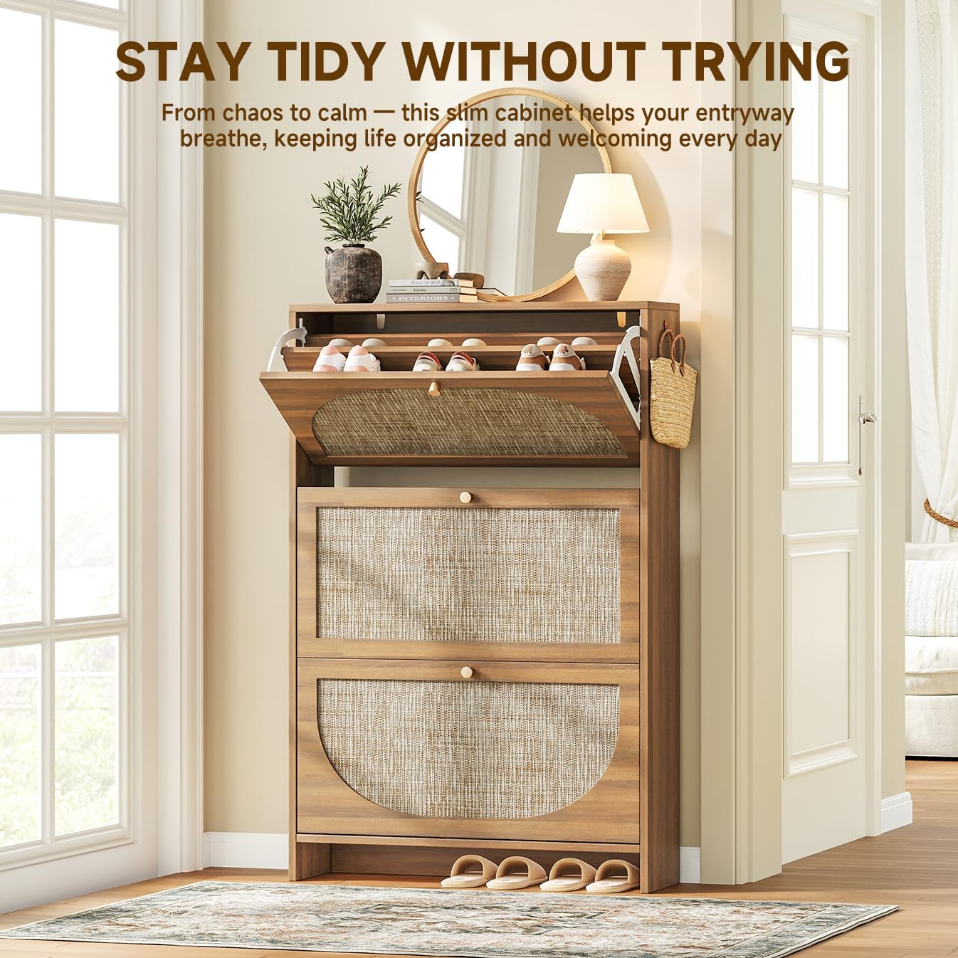 Nicetree Freestanding Ultra Slim Arched Rattan Accent Shoe Storage Cabinet for Entryway - 3 Flip Drawers & 3-Tier Adjustable Shelves, Farmhouse Modern Rustic Shoe Rack for Hallway Foyer,Oak