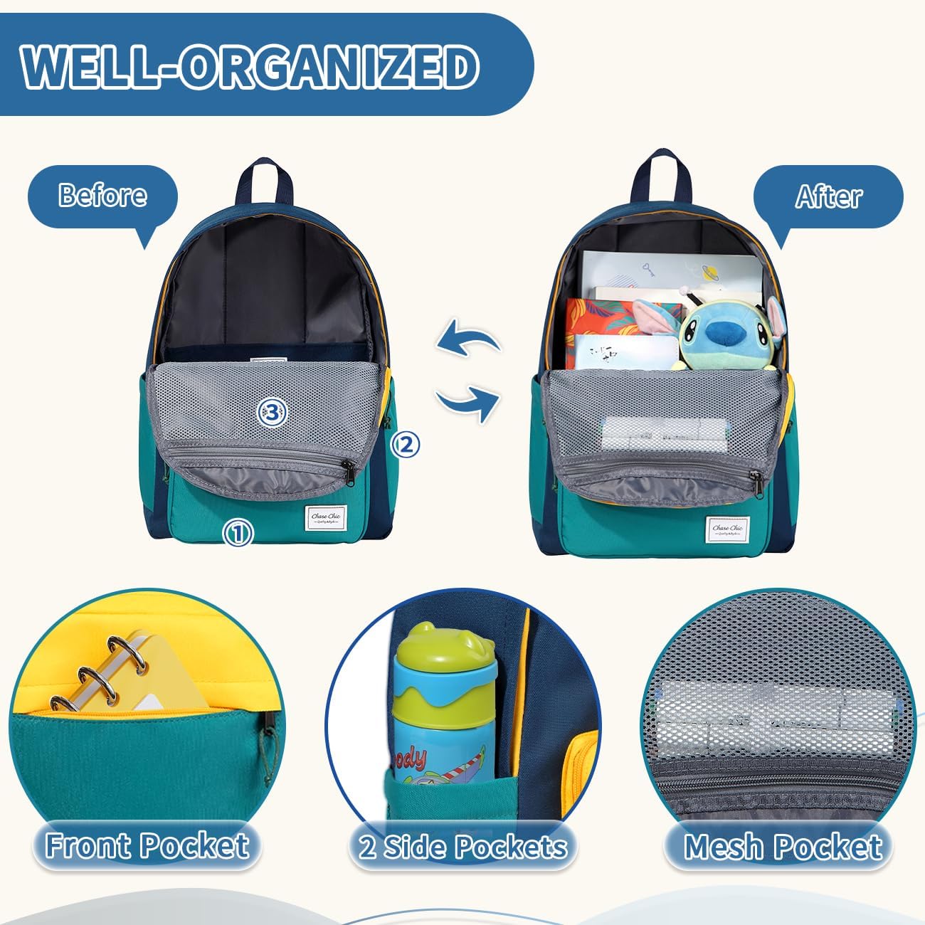 Chase Chic Kids Backpack for Boys - 17 inch School Backpacks for Toddler Girls Fits 6 to 12 Years Old - Lightweight Water Resistant Preschool Bookbag for Travel Daycare (Blue) - Image 7