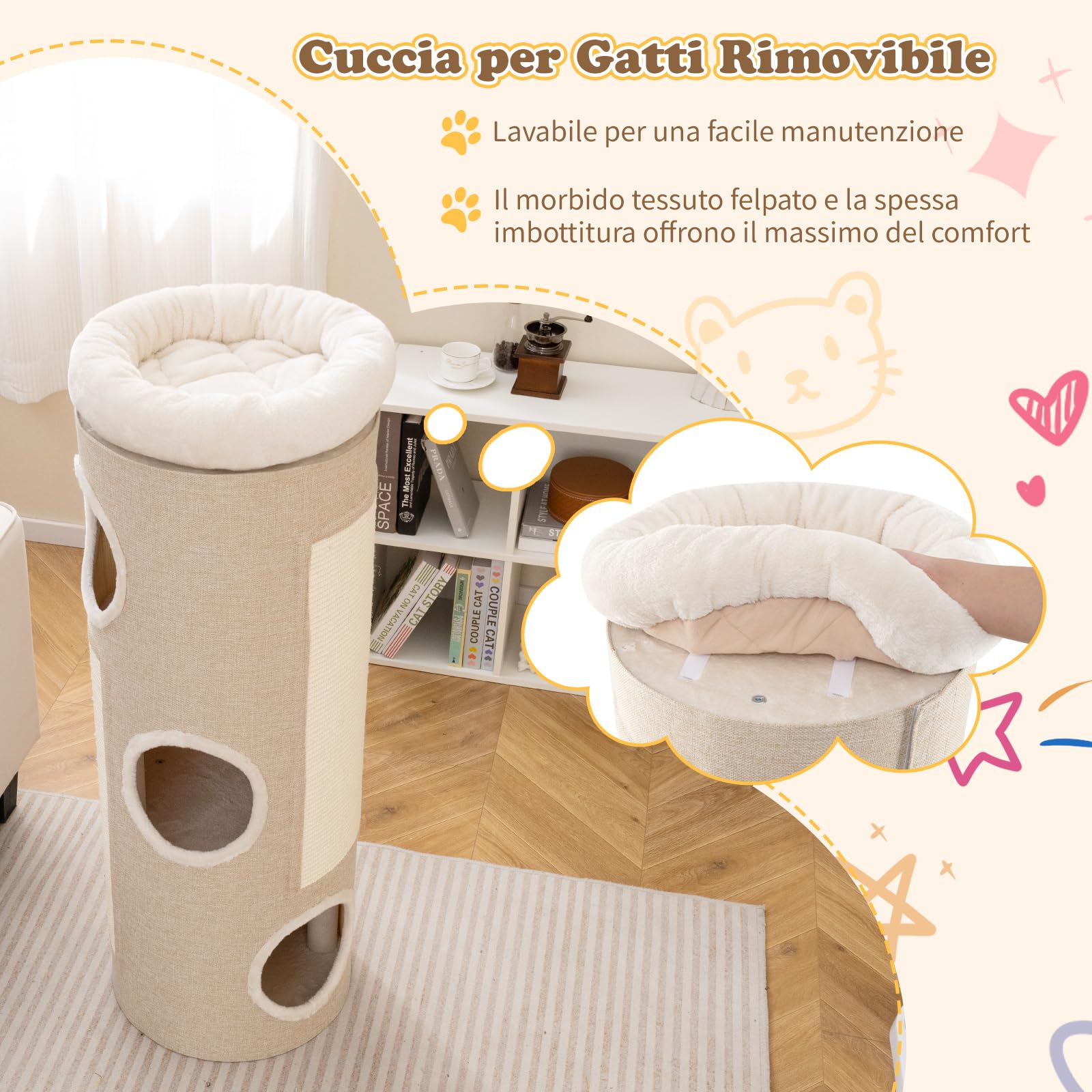 GYMAX Albero per Gatti a Forma di Barile, Casa a Più Livelli con 3 Ingressi e Letto in Pile Rimovibile, Torre da Interno con Copertura Rimovibile e Tiragraffi, per Gatti Adulti e Gattini, Beige