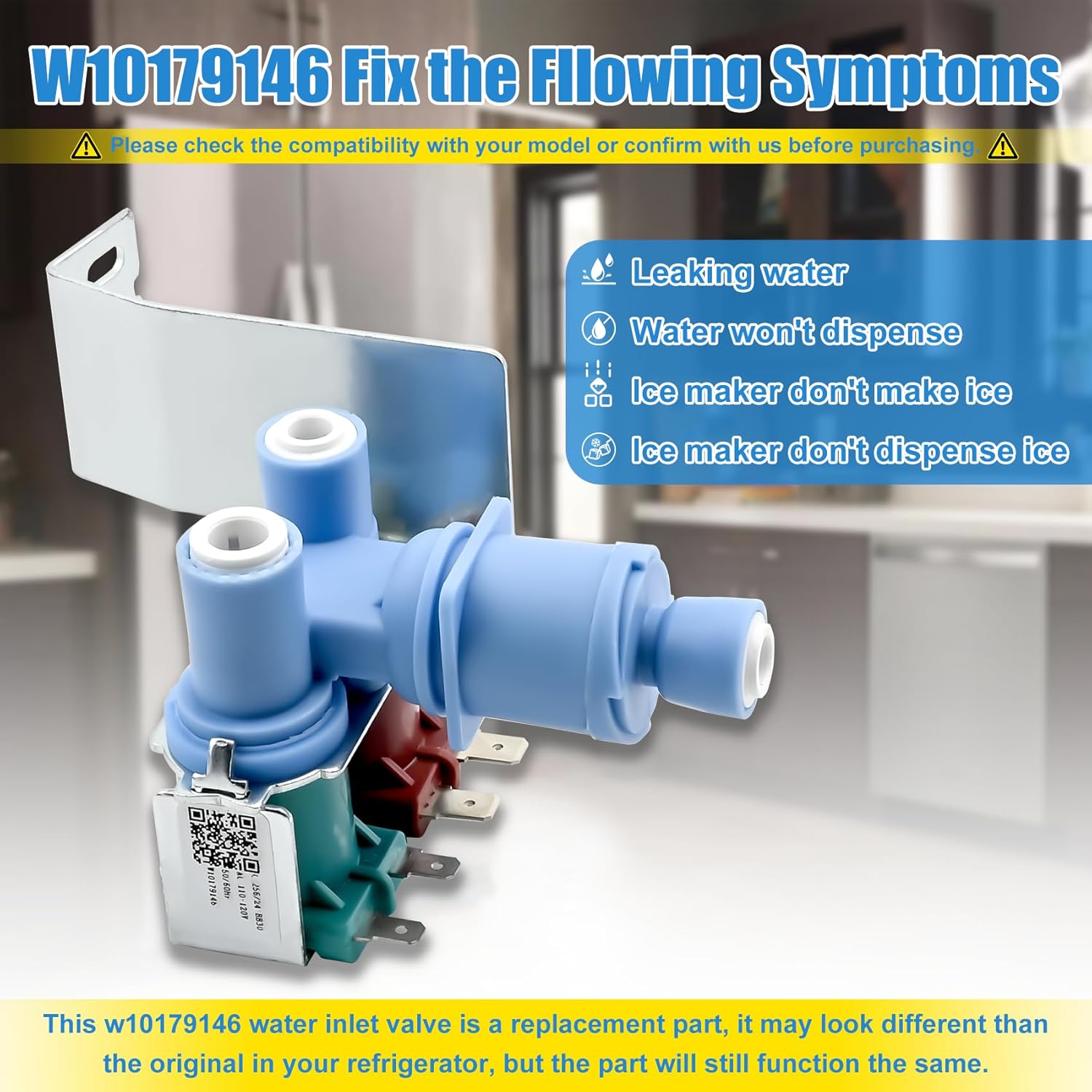 W10179146, WPW10179146 Water Inlet Valve Compatible with whirlpool, kenmore, maytag, amana, kitchen aid and ikea Refrigerator(not all models), Replacement: W10155357, 1546655, AP6016381, PS11749668