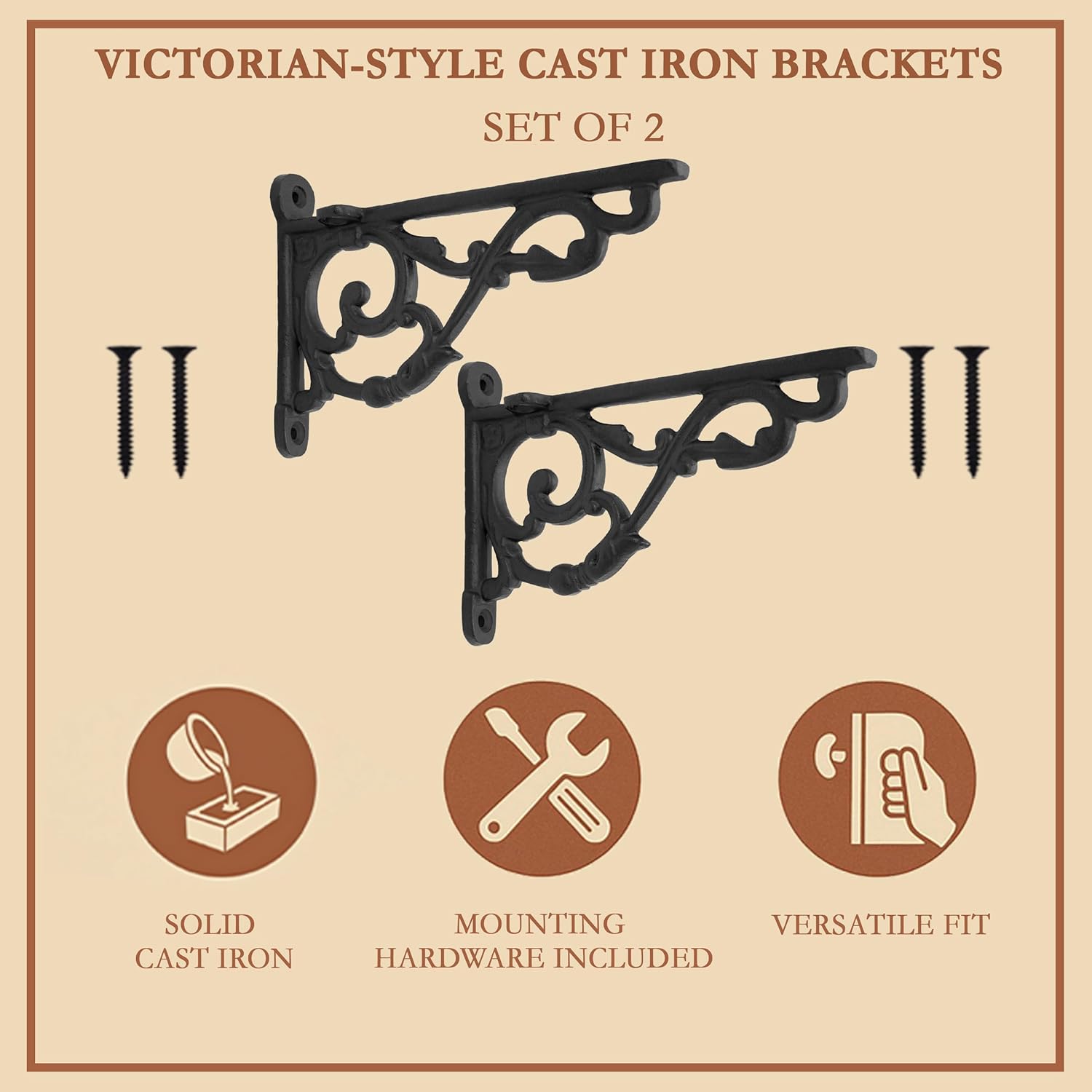 Mystic Colonial Cast Iron Shelf Brackets (Set of 2) 10.2 cm x 15.2 cm (4 in x 6 in) | Handcrafted Vintage Rustic Wall Mount Supports for Shelves & Displays