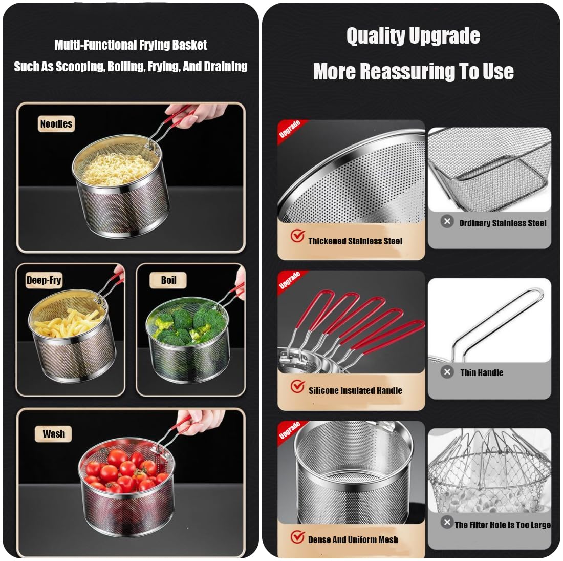 3 colini per pasta, in acciaio inox, con manico rimovibile, cestino per la pasta, cestello per friggitrice, scolapasta da cucina per lavare sgocciolare, friggere a vapore (16 e 18 e 20 cm)