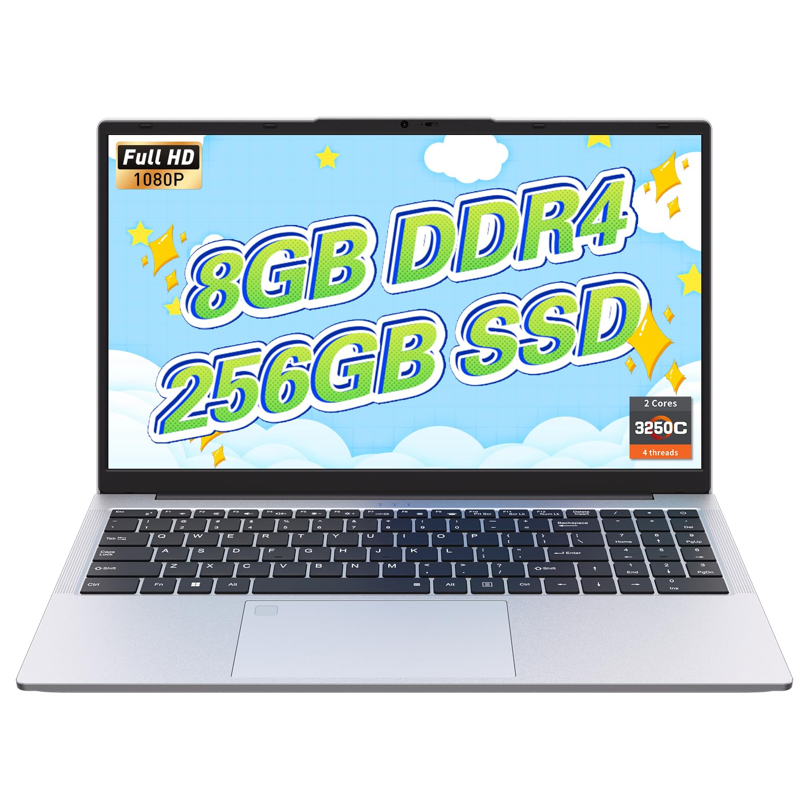 Auusda Laptop 17,3 Zoll Notebook, 8GB DDR4 RAM 256GB SSD, 3250C Prozessor, Fingerabdrucksensor, beleuchtete Tastatur, Ziffernblock, Privacy-Kameraabdeckung, leichtes Notebook für Schule & Büro
