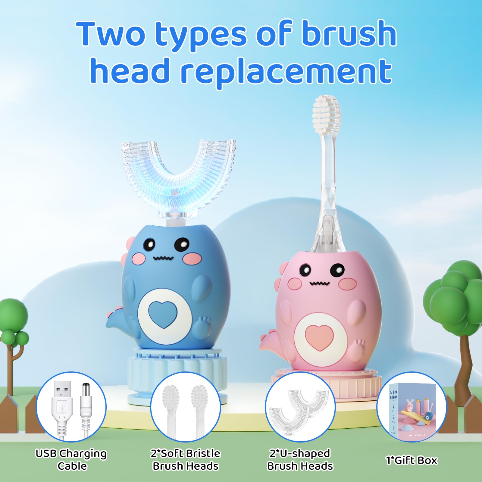 Cepillo de dientes eléctrico en forma de U para niños, con 3 modos de limpieza, con 4 cabezales de cepillo, cepillo de dientes automático sónico de 360°, IPX7 impermeable, diseño de dinosaurio de