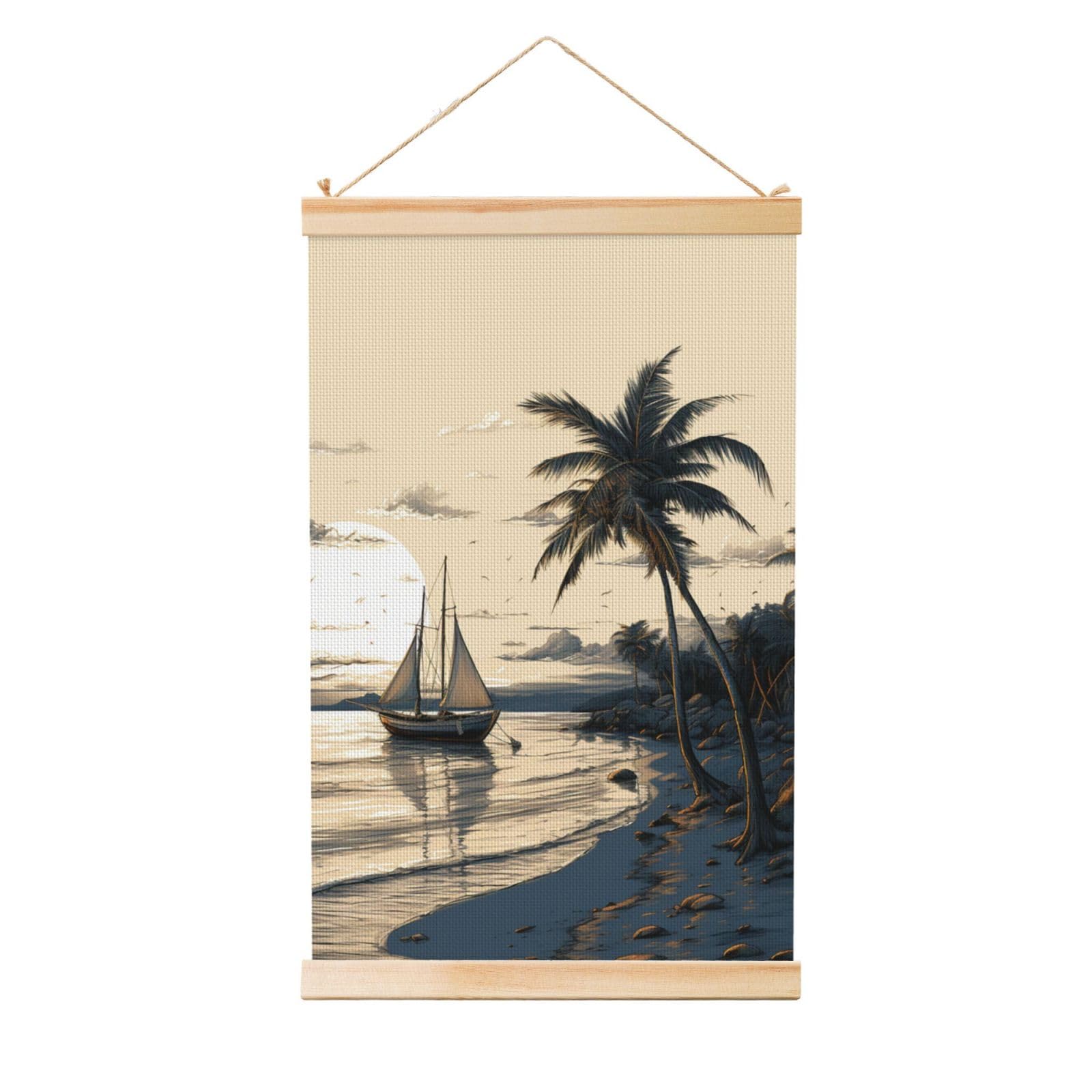 Palm Trees Fishing Boat Poster Wooden Shaft Hanging Poster Wall Hanging Banner Canvas Artwork with Wood Frames 16"x24" Modern Artwork Decor Ready to Hang Wall Art for Home Decor Scroll Painting