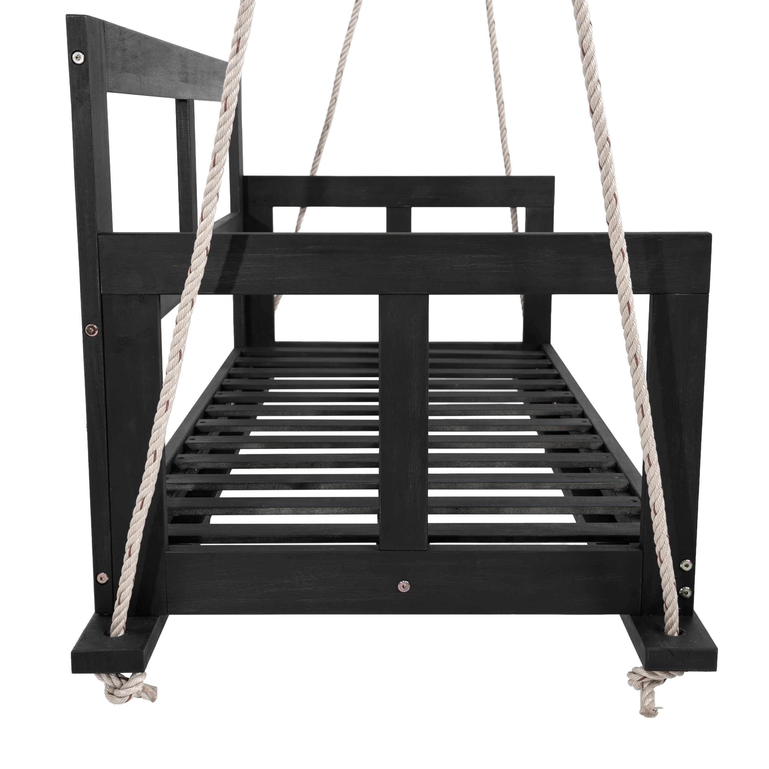 Asiento doble de columpio para jardín al aire libre, columpio colgante con cojín y dos cuerdas, cojín extraíble y lavable, de madera de acacia, color negro y beige