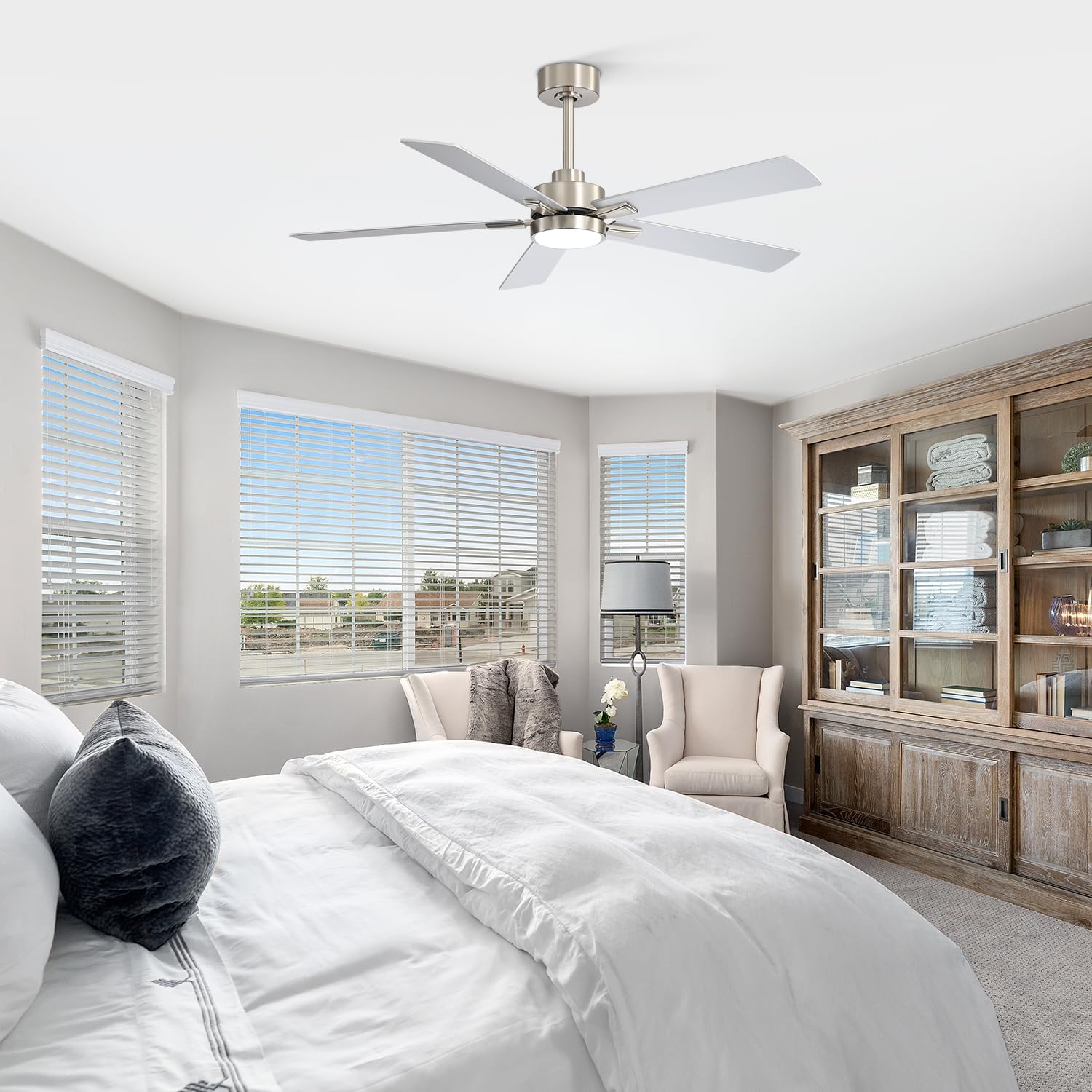 ceiling fans with led lights, 52 inch 5-blade ceiling fan remote control, industrial ceiling fan with reversible dc motor, downrod mount led ceiling light chandelier for bedroom (satin nickel)