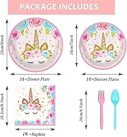 Vista 3 de suministros de fiesta de cumpleaños incluyendo platos, tazas, popotes y manteles para fiesta de cumpleaños, servicio para 16 invitados