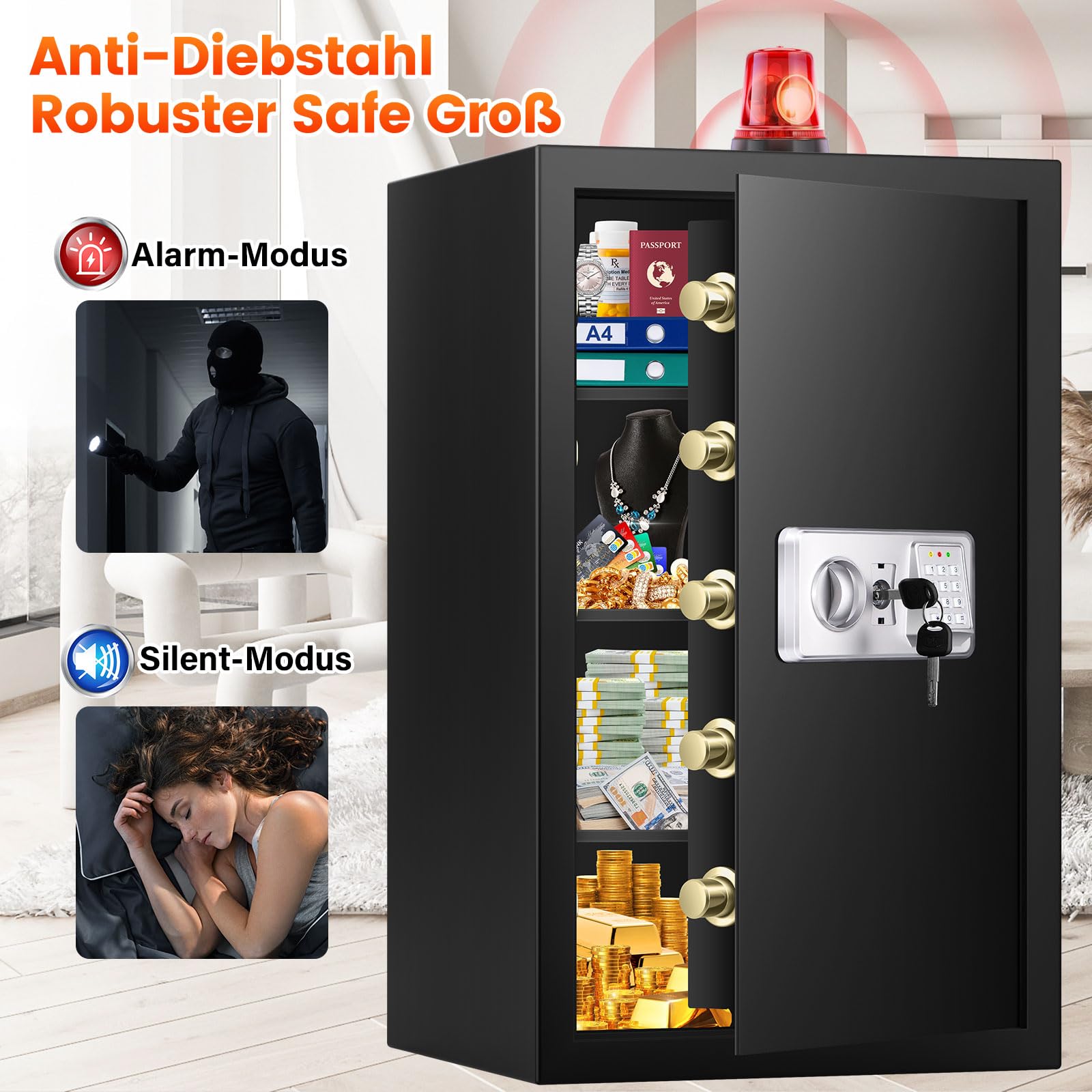 Mejasg Cassaforte extra grande ignifuga con custodia per documenti ignifuga e 3 ripiani rimovibili, 102 l, robusta cassaforte per mobili con sistema di allarme, per casa, contanti, medicinali