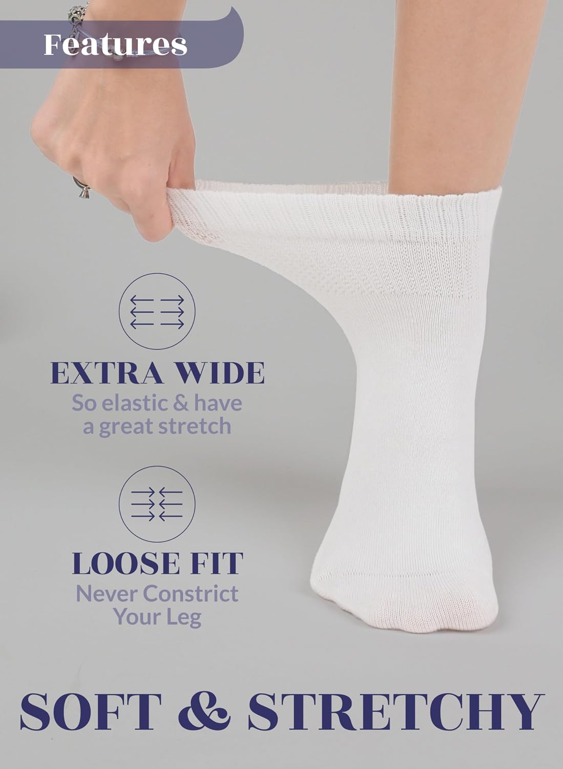 Hugh Ugoli Women's Cotton Diabetic Ankle Socks, Wide, Thin, Loose Fit and Stretchy, Seamless Toe, Non Binding Top, 4 Pairs