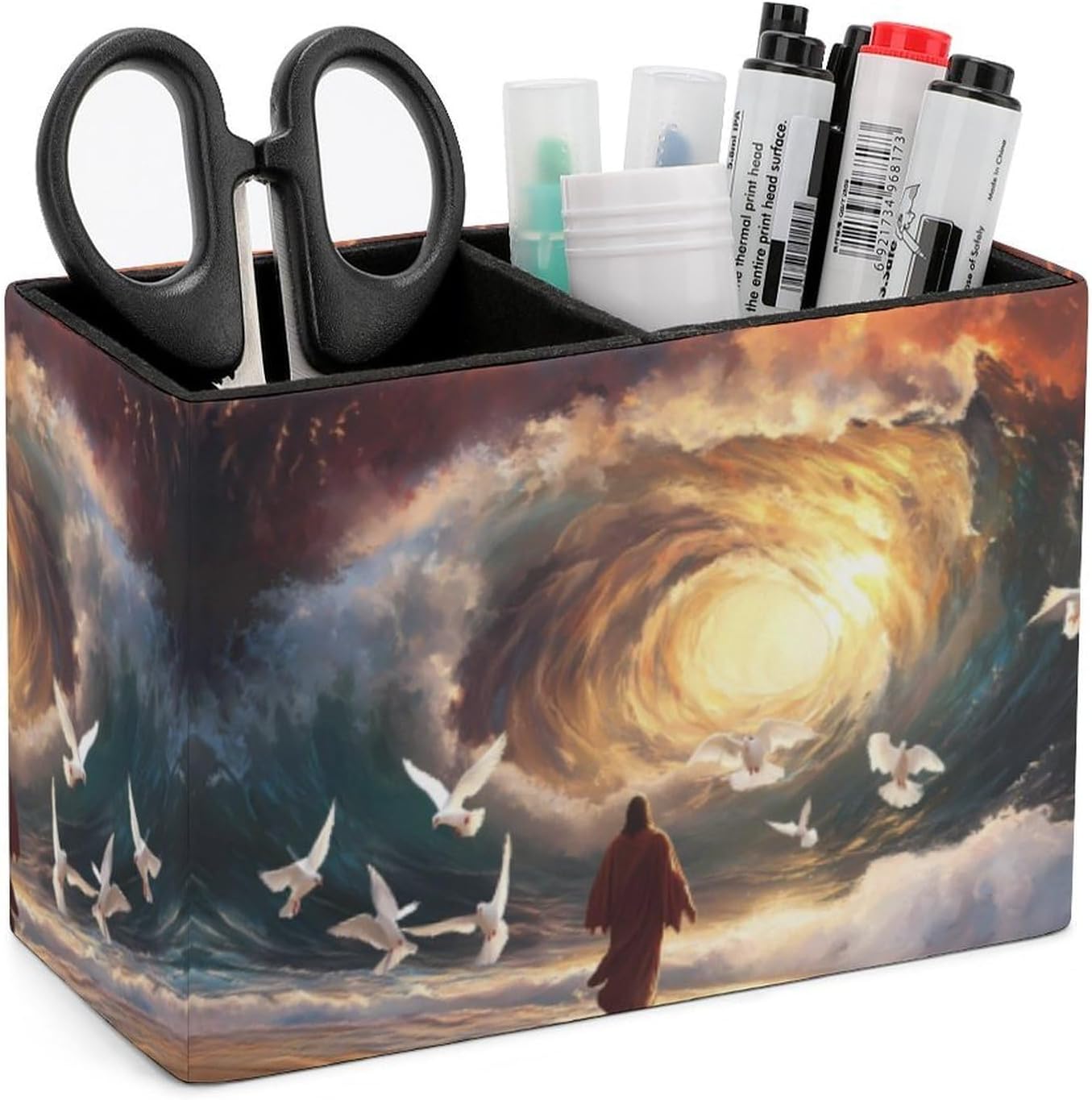 Beach Christian Dove Pencil Pen Holder PU Leather Desk Storage Organizer Makeup Brush Box