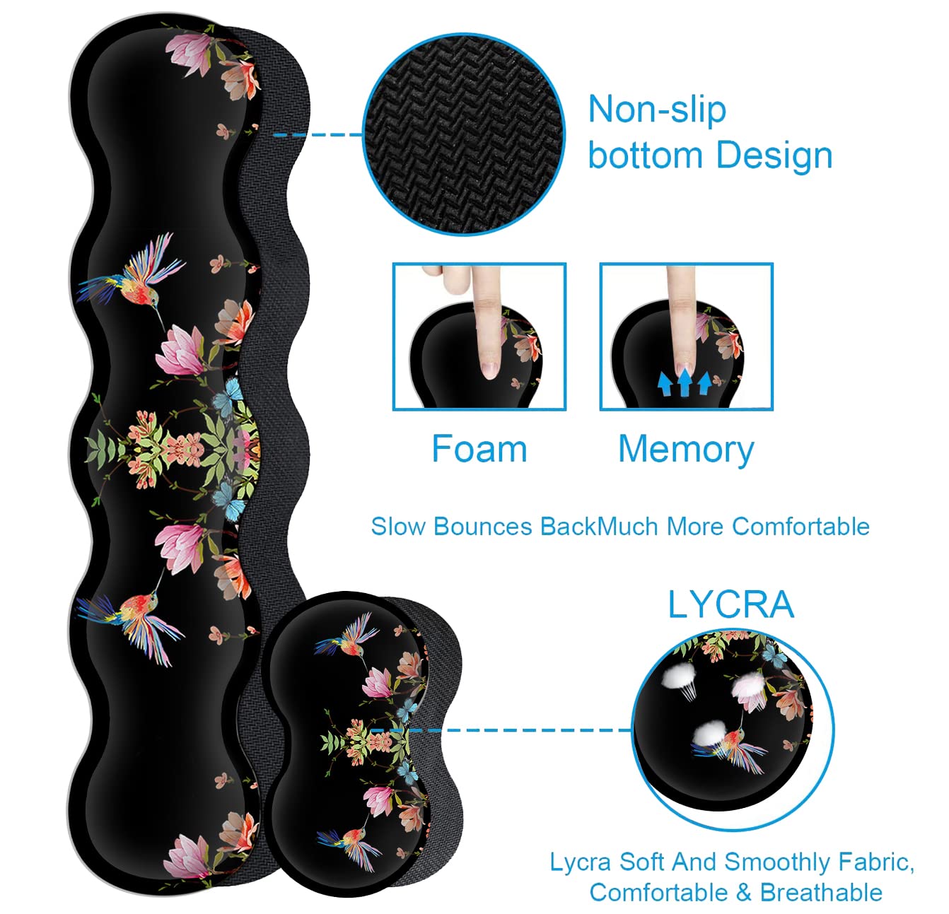 Erweitertes schwarzes Gaming-Mauspad, ergonomische Memory-Schaum-Tastatur-Handgelenkauflage und rutschfeste Maus-Handgelenkauflage für Laptop, Schreibtisch, Schreibblock, Kolibri, Aquarell-Blume,
