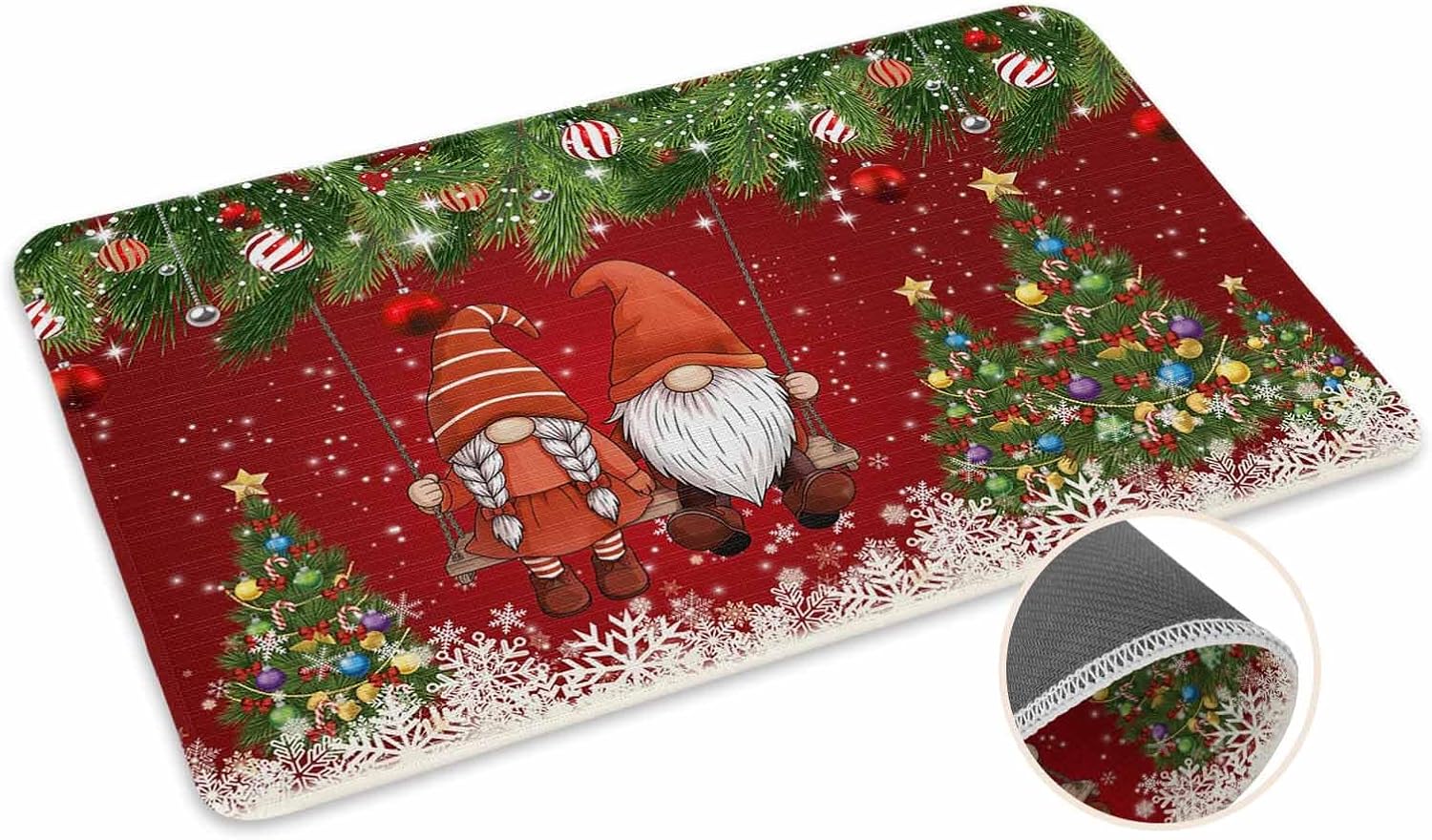 Red Gnomes Christmas Front Door Mat Entrance Welcome Floor Mats Indoor Outdoor, Xmas Tree Balls Heavy Duty Absorbent Doormat, Snowflake Non-Slip Rugs for High Traffic Areas 16"x24"