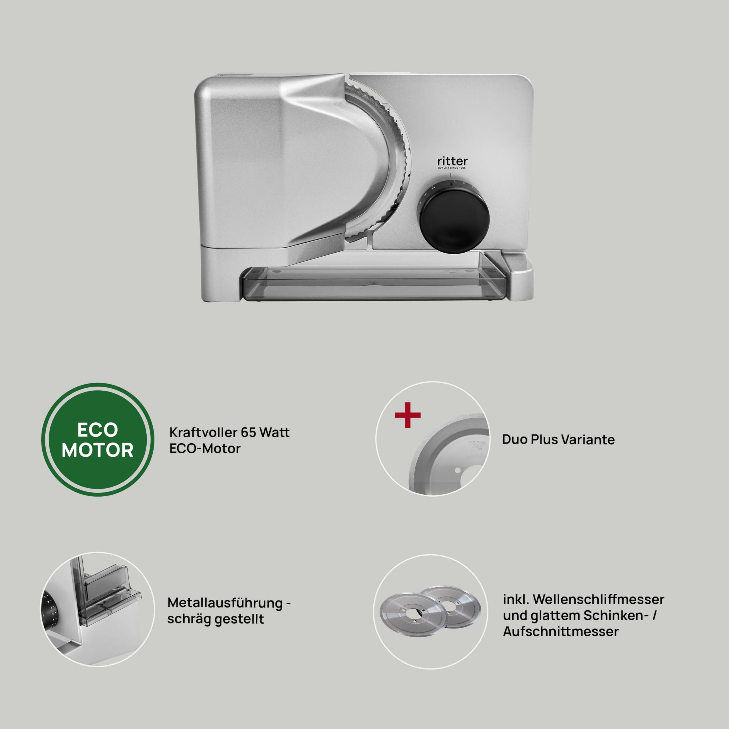 Ritter E 16 Duo Plus Elektrischer Allesschneider aus Metall mit ECO-Motor, Made in Germany, Silber
