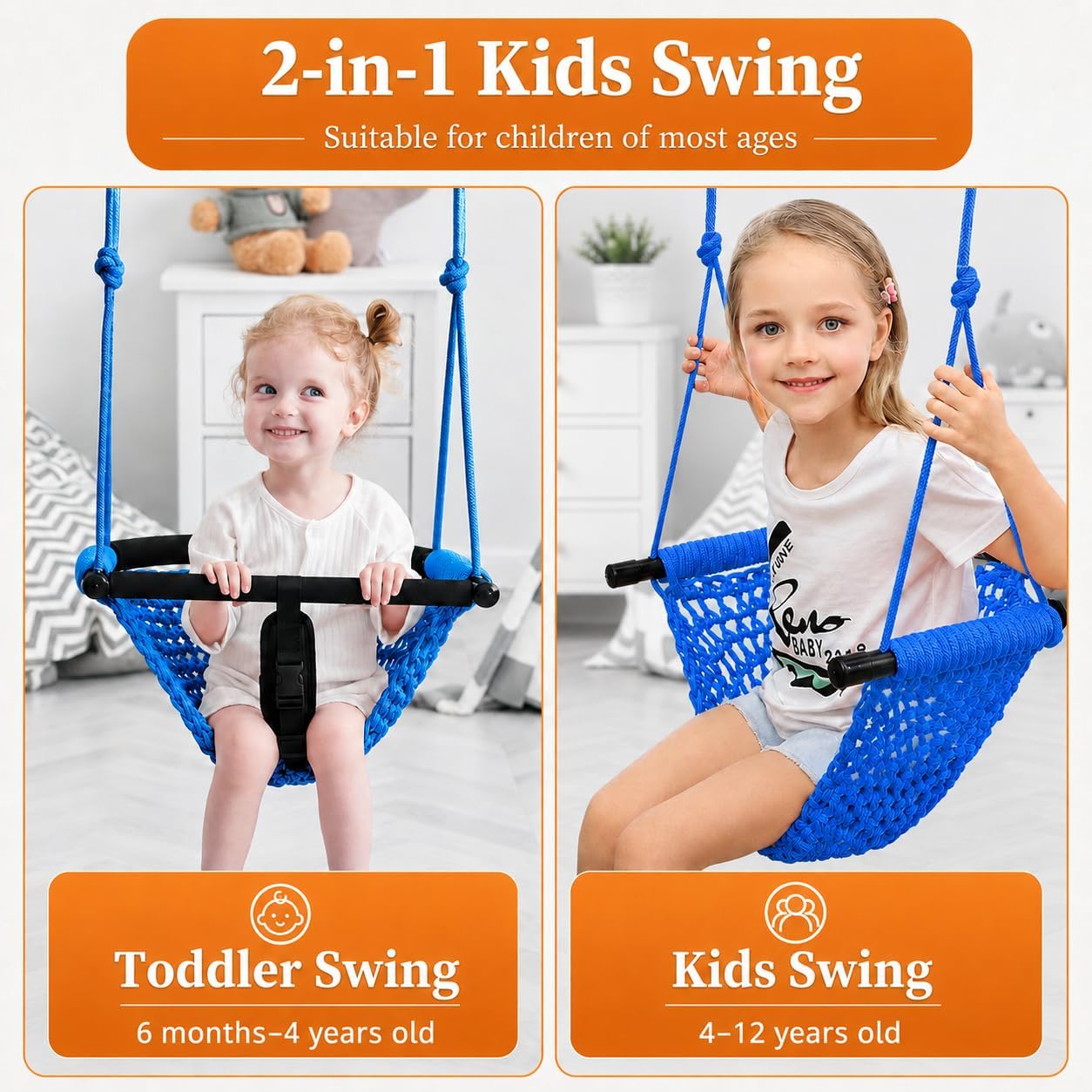 Kids Swing Seats Indoor Hand-Made Net Swing with Adjustable Rope Tree Swings for Kid Child Backyard Playground Swings Outside Indoor (Blue image 2