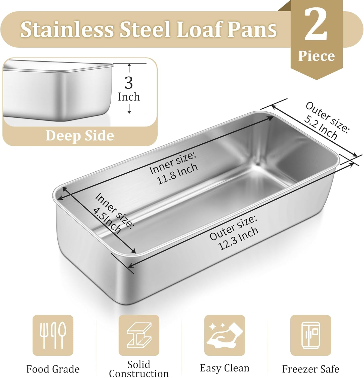 TeamFar Loaf Pan, 12 x 5 Inch Stainless Steel Loaf Pans for Baking Bread, 2 Pack Large Bread Loaf Baking Pan for Homemade Bread, Meatloaf, Cake, Brownies, Non-Toxic, Heavy-duty, Oven & Dishwasher Safe - Image 2