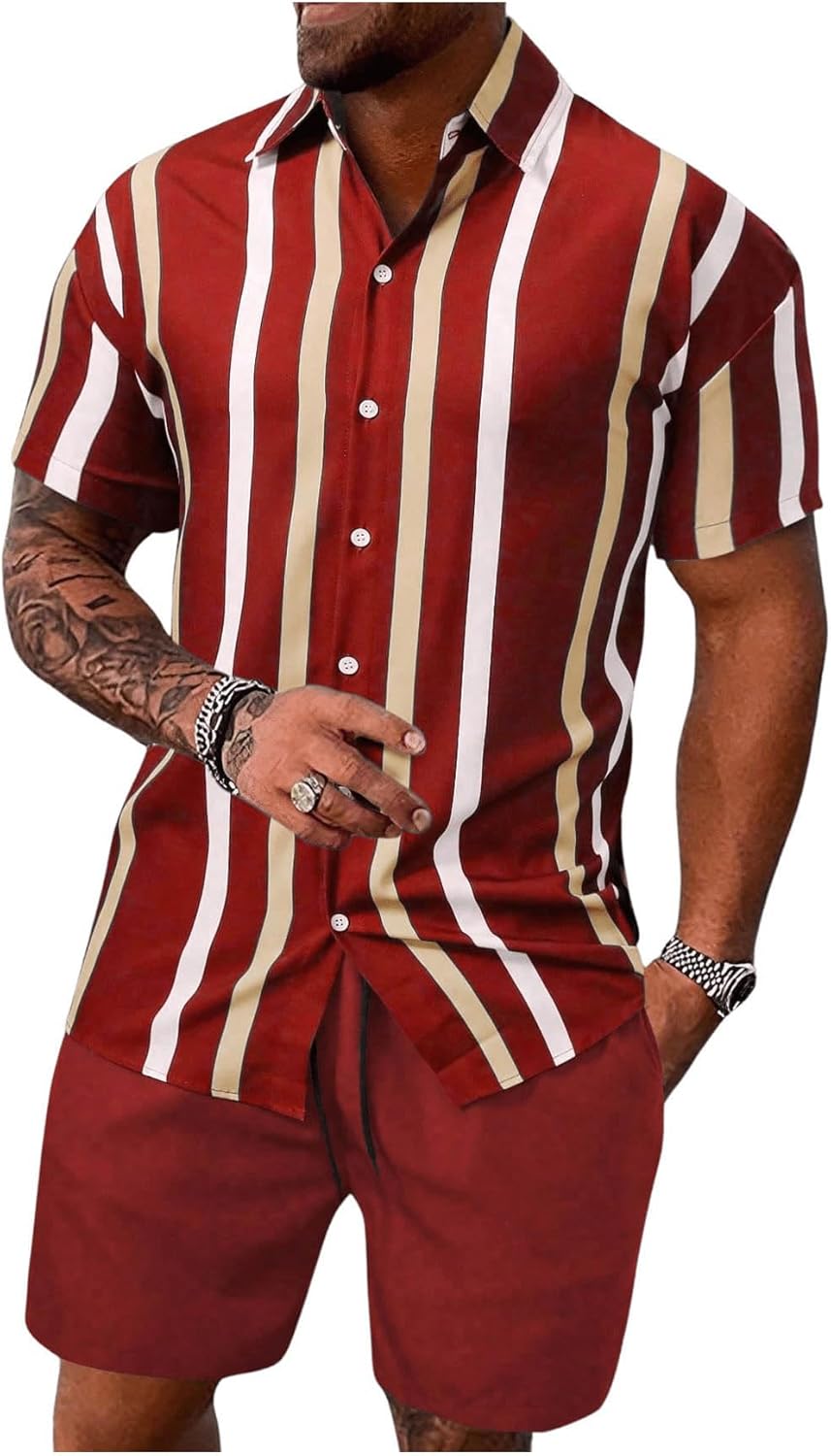 COZYEASE Men’s 2 Piece Striped Outfit Short Sleeve Button Down Shirt Drawstring Waist Shorts Set