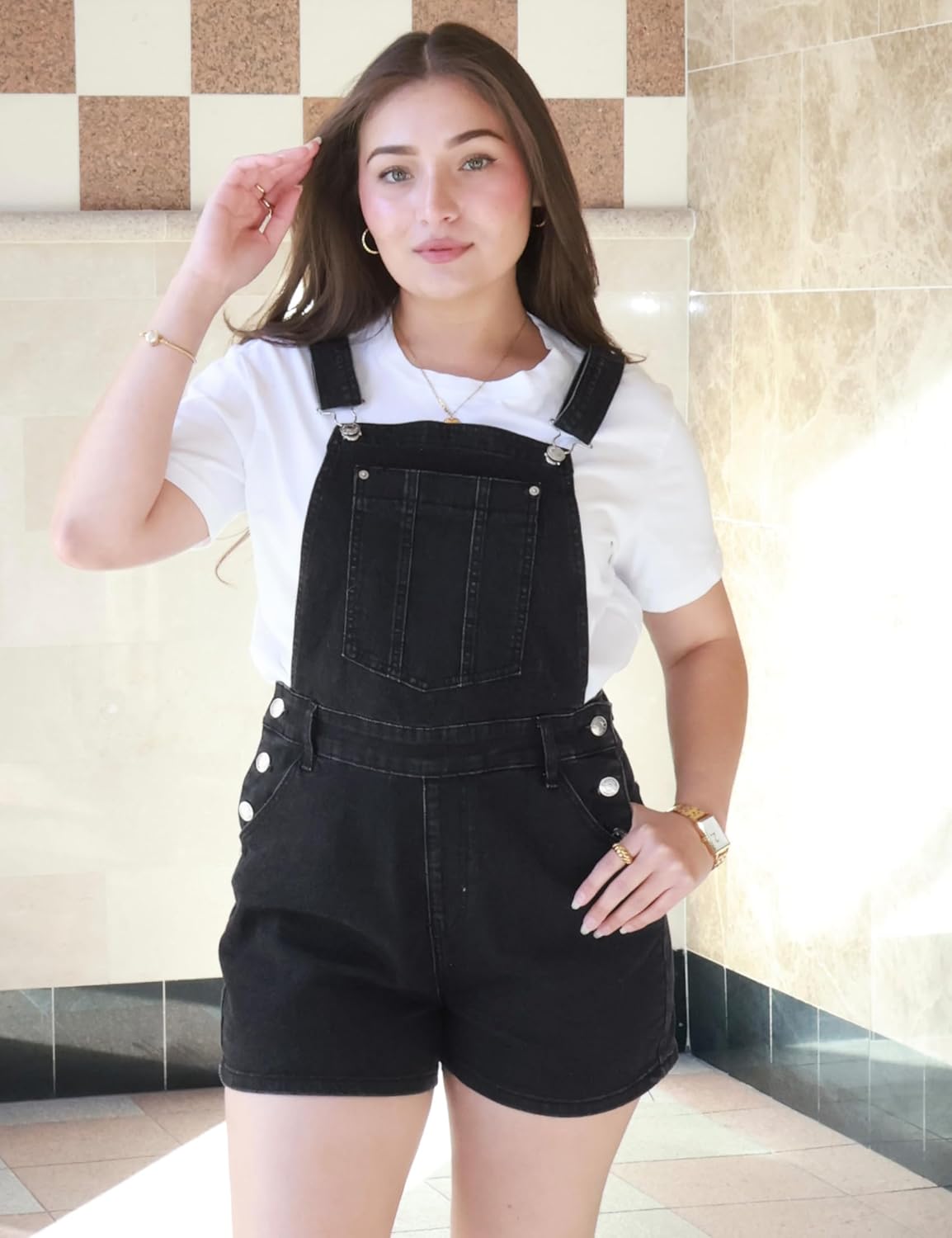 luvamia Jean Short Overalls for Women Baggy Adjustable Straps Bib Stretchy Denim Overall Jumpsuits Shortalls with Pockets - Image 6