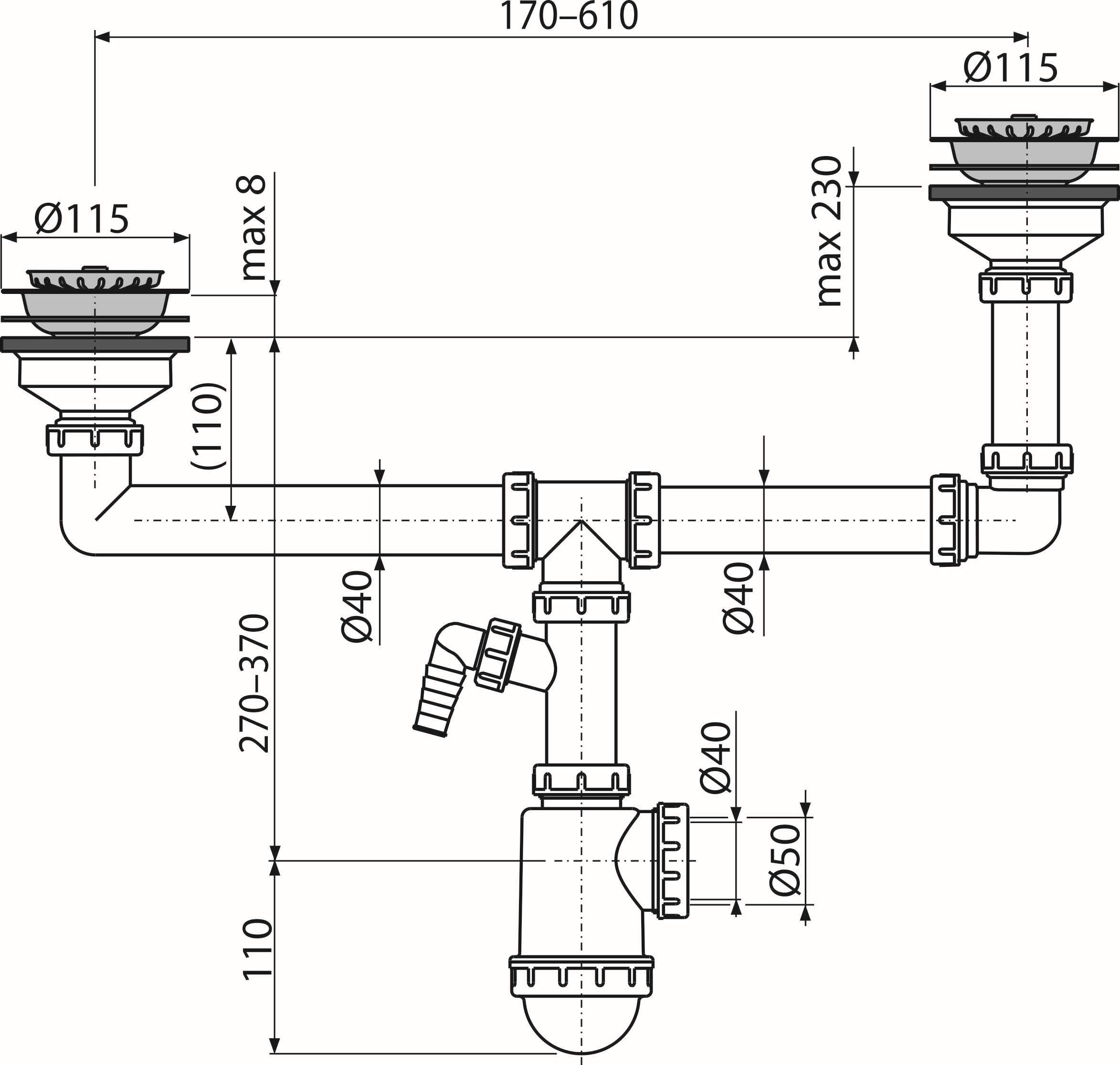 Sifón para doble fregadero DN 115 doble tufig con conector a lavavajilla o rejilla sin waschmaschie (DN 115 universal conector DN40/50 desagüe (doble Platillos fregadero
