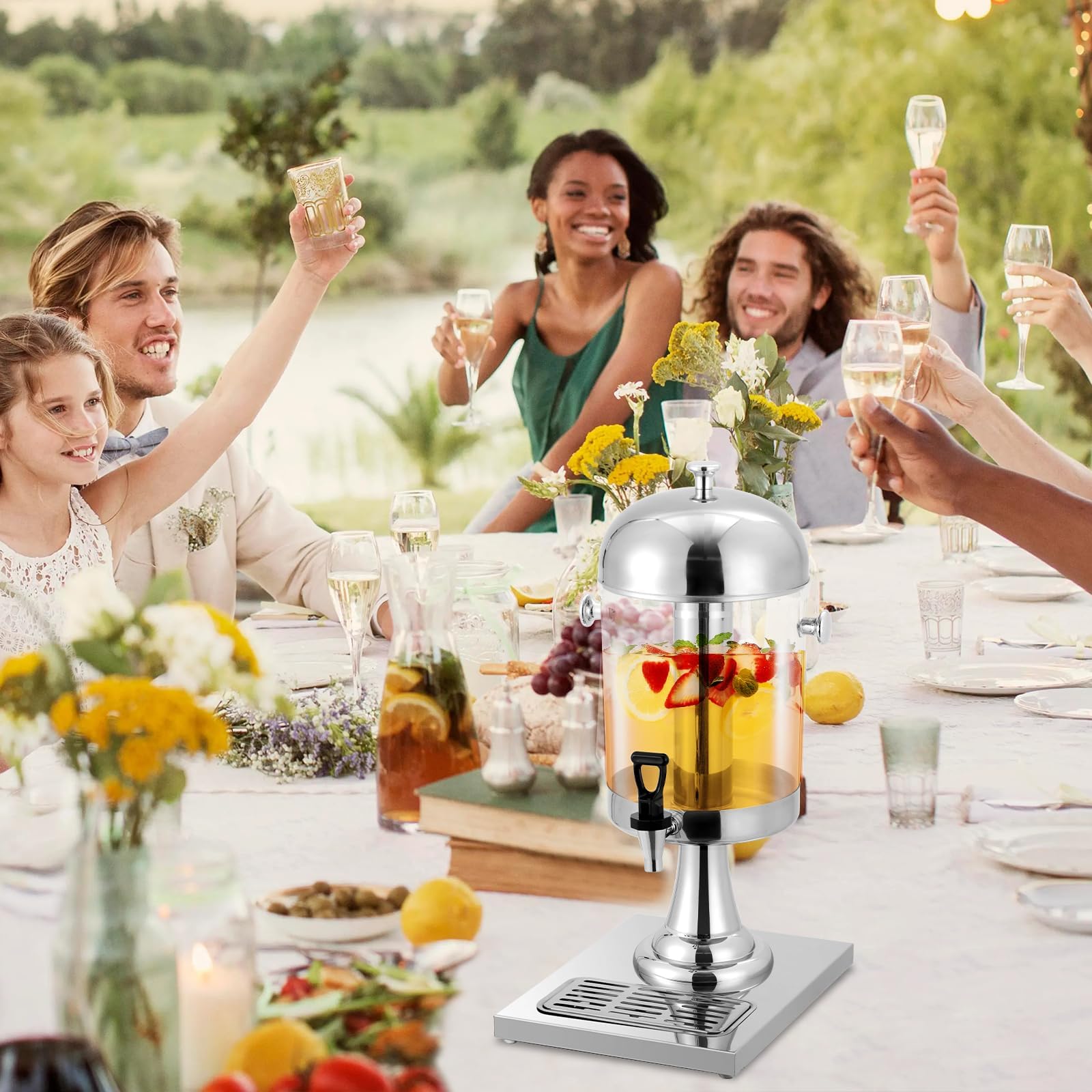 Garvee Distributeur de boissons professionnel 8L – Acier inoxydable | bac à glace, robinet, plateau égouttoir – Idéal pour jus, thé glacé, limonade, événements – Simple tête, argenté