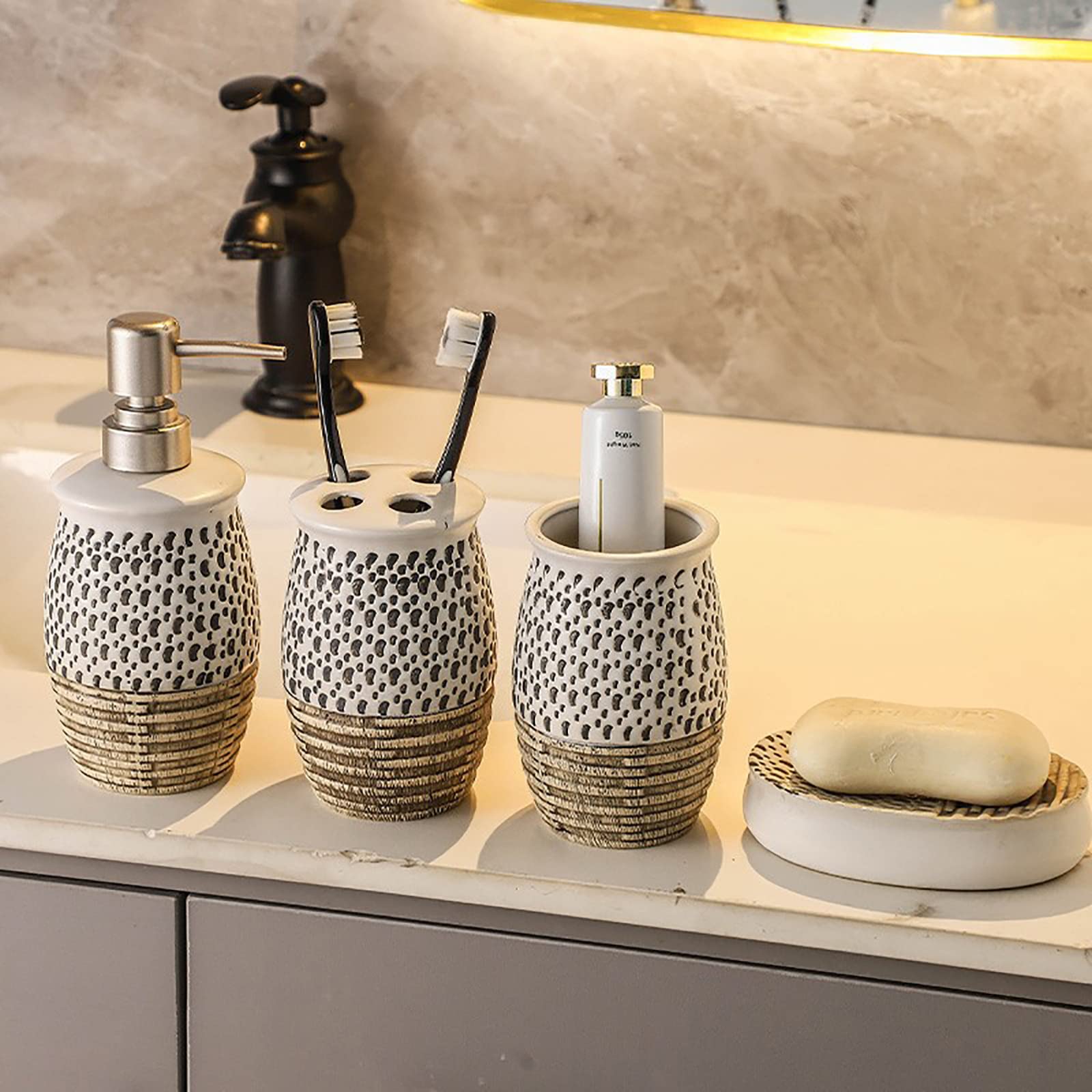 Juegos de Accesorios de baño, Antiguo Acesorios Cuartos de Baño 5 Piezas con Dispensador Jabon Baño, Jabonera Baño, Porta Cepillo de Dientes, Bandeja, para Champú Cerámica Marrón