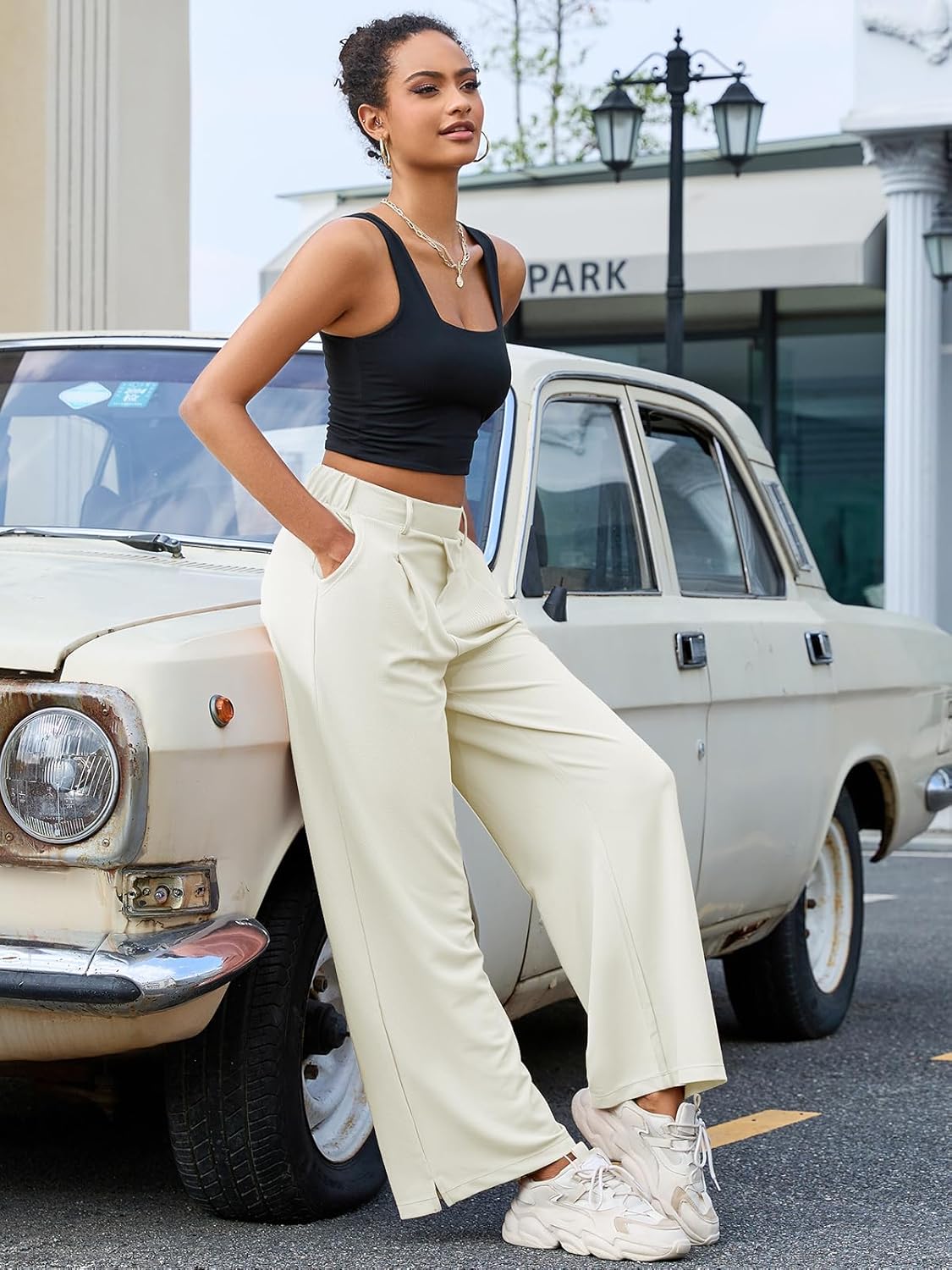 M MOTEEPI Women's Wide Leg Waffle Knit Pants with Pockets 29" Inseam Ladies Slacks for Dressy Casual,Business, Work, Lounge - Image 3