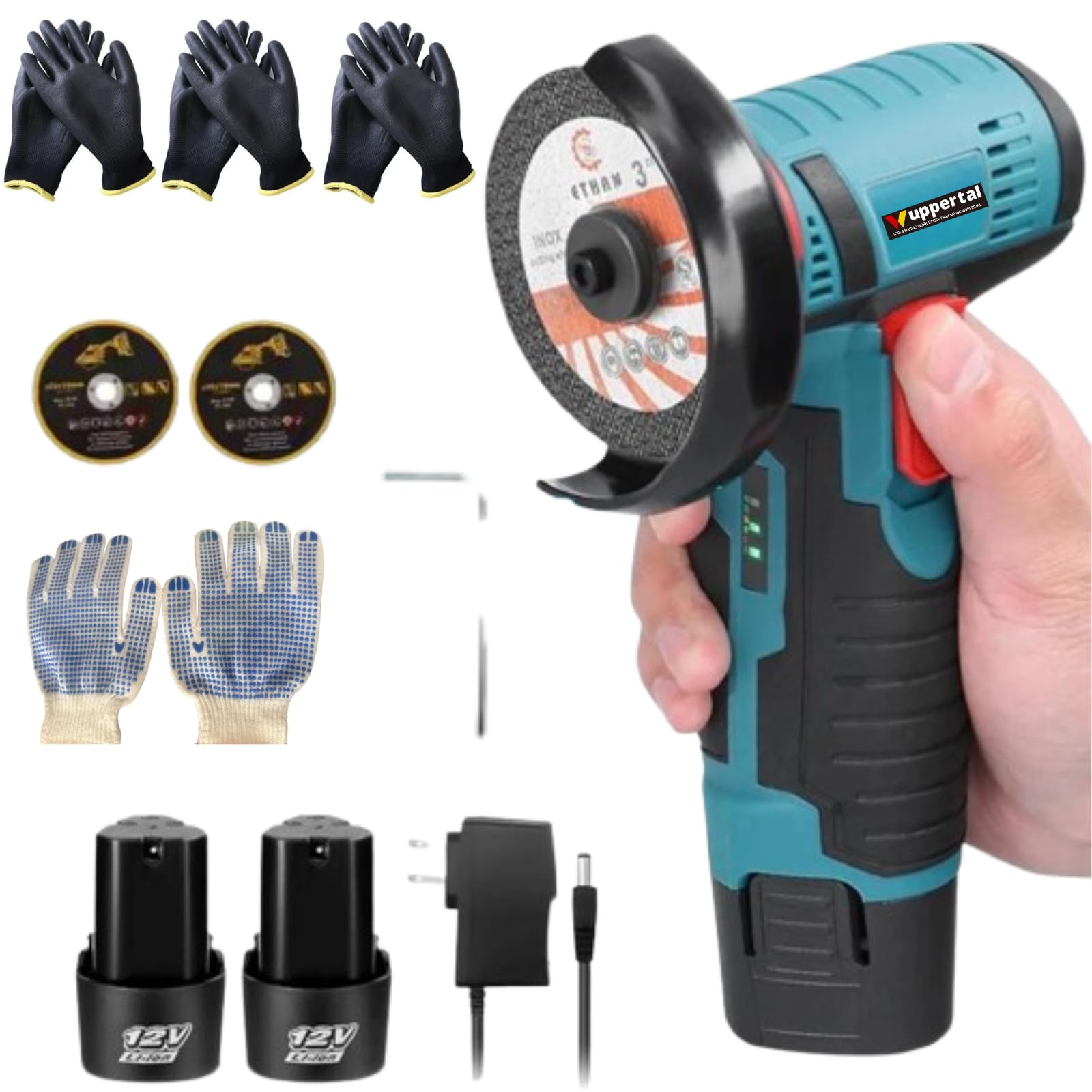 Wuppertal 12V Cordless Mini Angle Grinder with 2x2000mAh Batteries with Cutting Discs, 19500RPM, Cordless 75mm Mini Angle Grinder Tool for Cutting Polishing Sharpening with 3 Pair Gloves Additionally