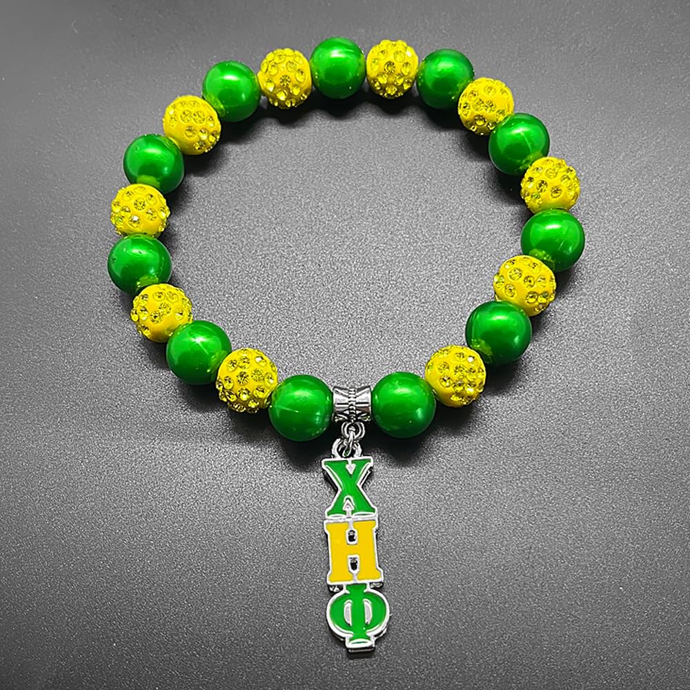 CHI ETA PHI sorority letter charms yellow green rhinestone beads bracelet sisterhood Friendship gift Souvenir Jewelry bracelet - Image 3