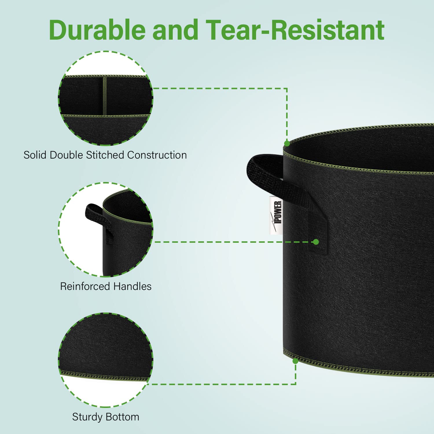 iPower Contenedor con Asas de Correa para jardín y Plantar Flores Vegetales, Negro con Costura Verde, 5 galones