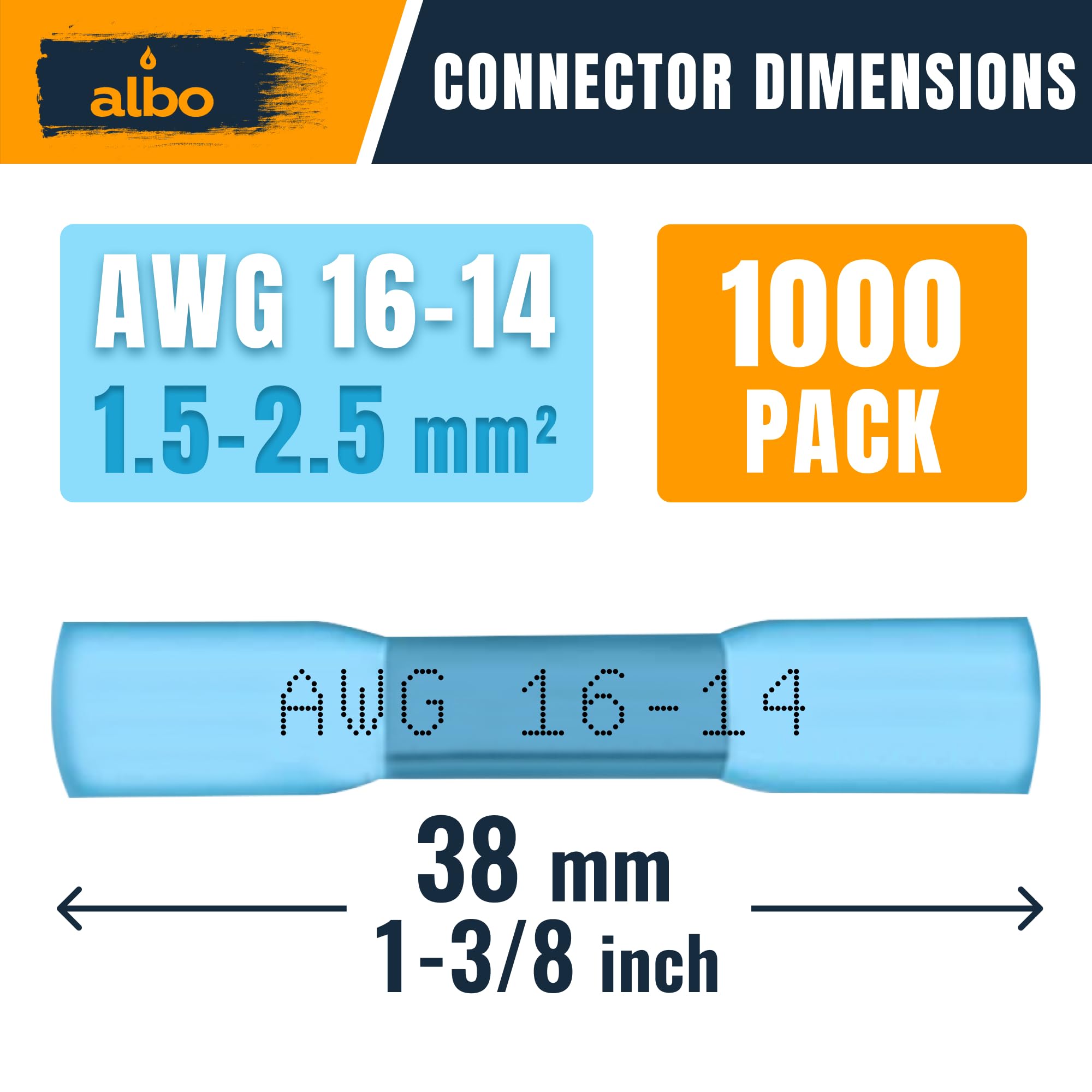 ALBO 1000 conectores termorretráctiles de 16 a 14 AWG, cobre estañado de 0,8 mm, conectores de alambre de crimpado aislados de grado marino, conectores eléctricos impermeables, empalme a tope para