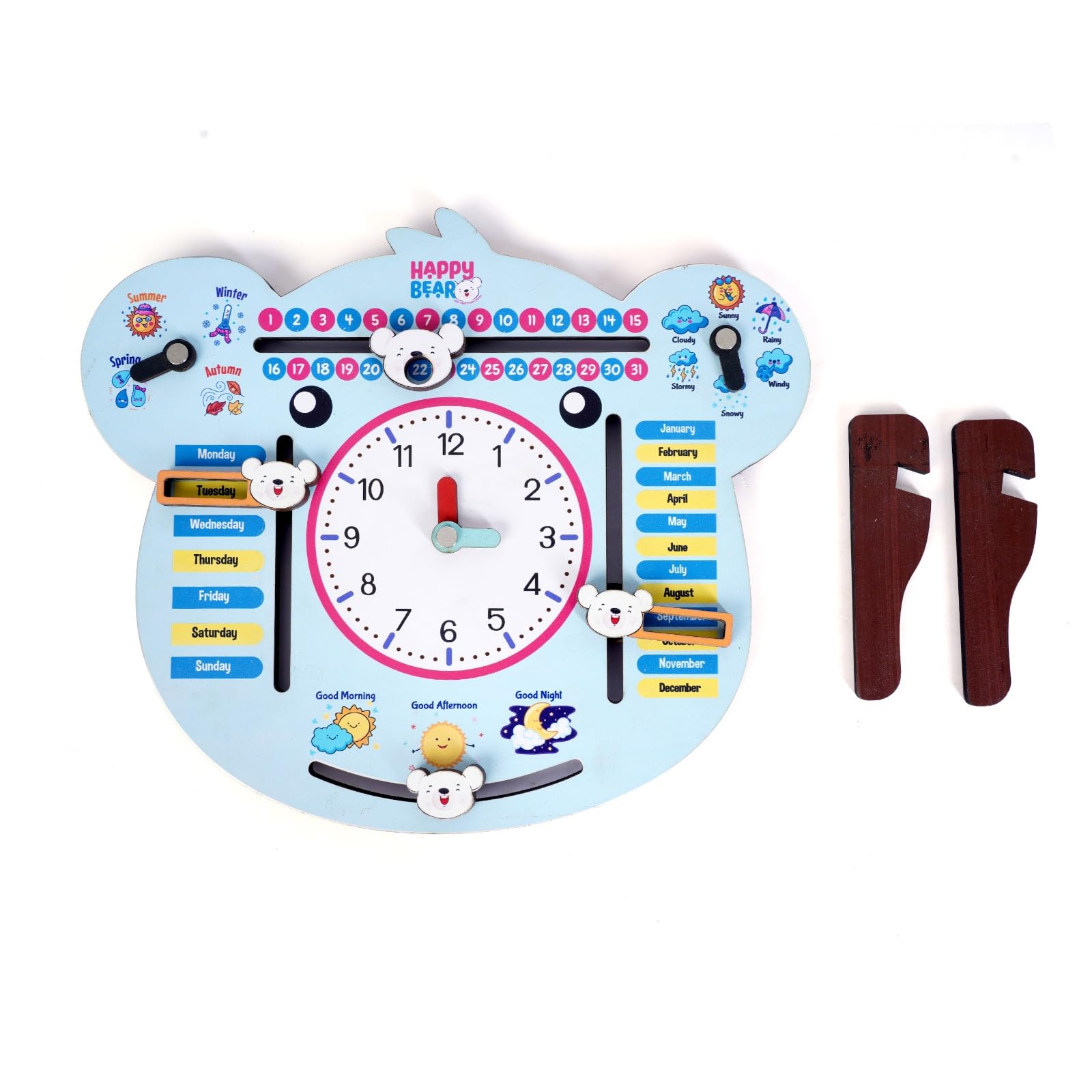 Happy Bear 7in1 Multifunctional Wooden Calendar Clock for Kids Educational Learning Clock Toy for Toddlers Boys and Girls Preschool Learning Tool Kids Teaching Clocks for 3+ Years(Multicolor) - Image 6 thumbnail