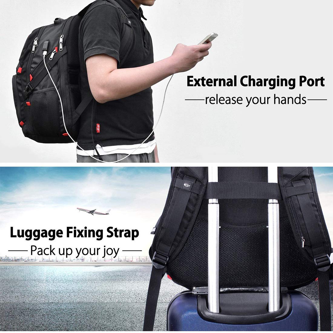 NUBILY Zaino Da Viaggio Per Laptop 17,3 Pollici – Impermeabile, 45L, Con Porta USB, Tasca Antifurto, Funzione TSA, Adatto Per Uomo E Donna, Nero