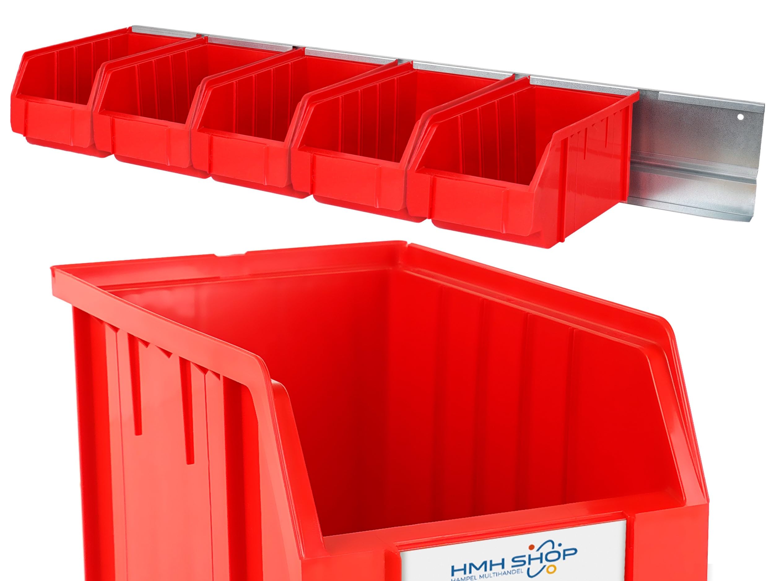 Stapelboxen der Größe M 230x150x130mm für dein Kleinteilelager Sichtlagerkästen in 5 Farben Zubehör wie Deckel Trennsteg Etikett Wandschiene Sortierkisten (6x Rot + Wandschiene, 5 Stück)