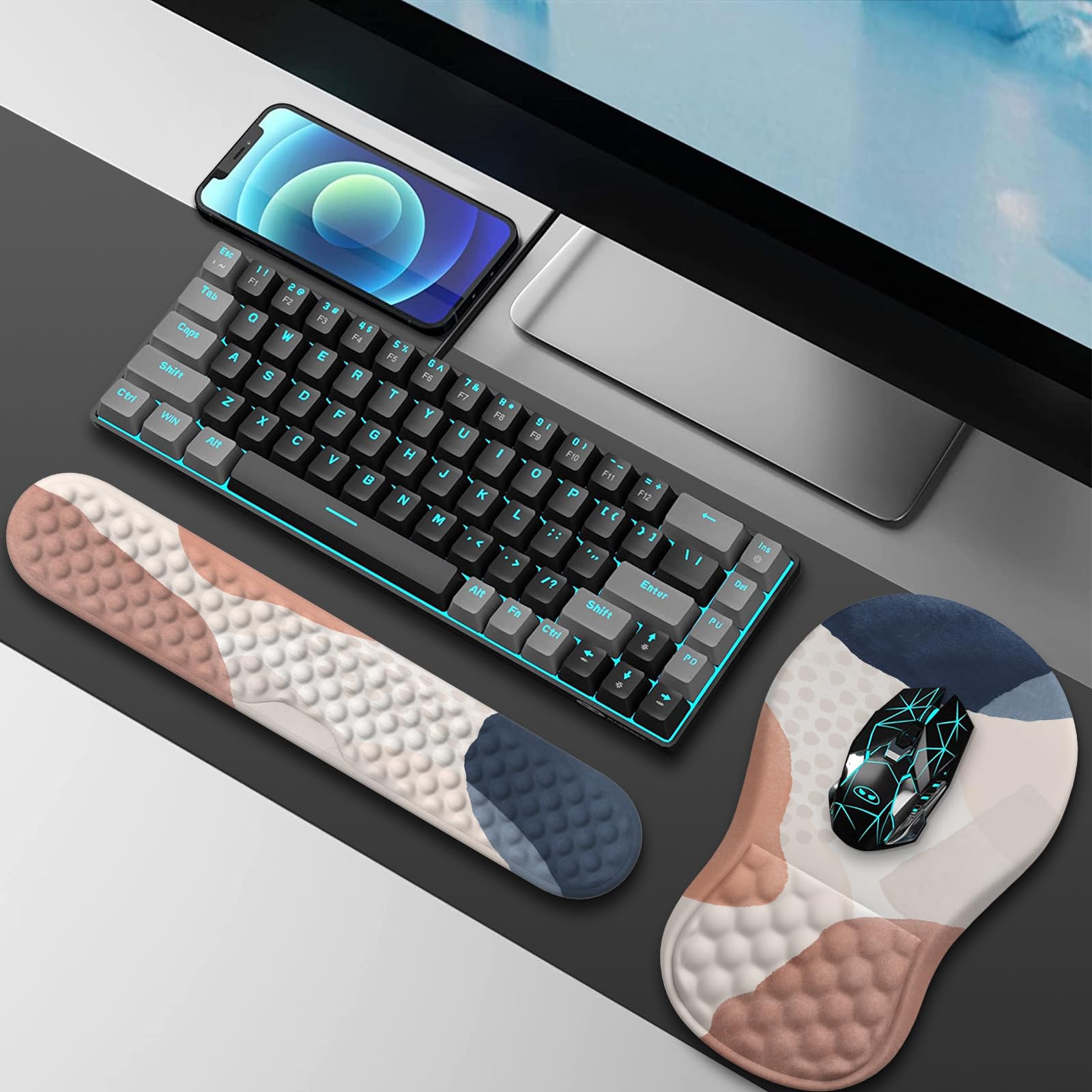 HAOCOO Ergonomisches Mauspad mit Handgelenkauflage und Tastatur-Handgelenkauflage-Set, 3-teilig, Computer-Karpaltunnel-Mauspads für den Schreibtisch mit Untersetzer, Memory-Schaum-Mauspad für