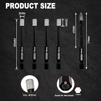 DT-DIATOOL Diamond Drill Bits 1/4 Inch with Diamond Tip Carbide Drill for Tile Porcelain Ceramic Marble Granite(5-Pack)